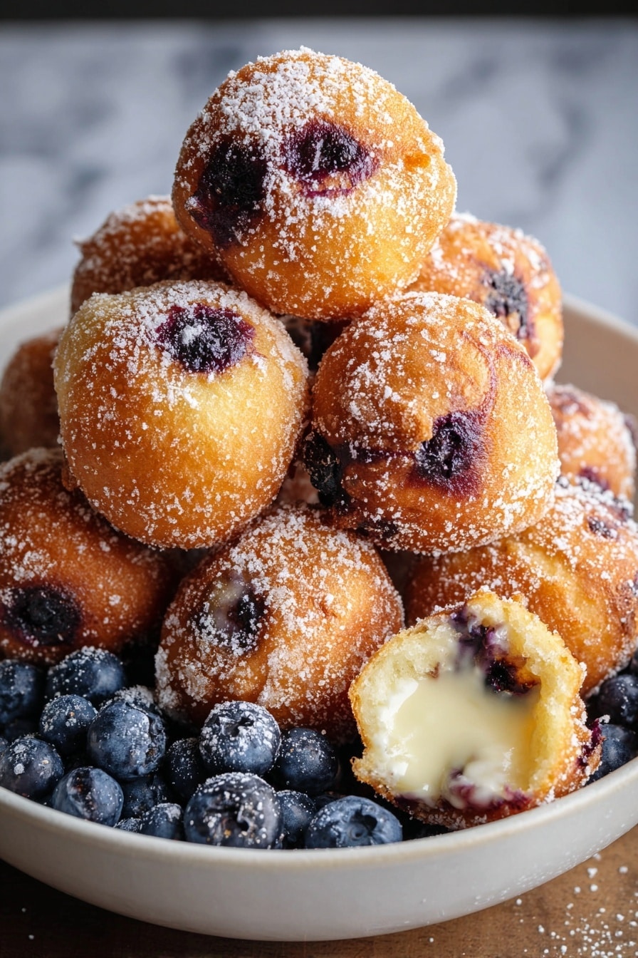 A white bowl holds a pile of golden brown round fritters with a crispy, textured surface, each dotted with dark purple spots from blueberries inside. The fritters are stacked in two layers, with the top layer showing five fritters and the bottom layer hidden beneath. Around the base of the pile, fresh blueberries are scattered, some dusted lightly with powdered sugar. One fritter near the front has a bite taken out, revealing a soft, creamy white filling inside alongside the blueberry. Powdered sugar is sprinkled gently over the whole pile. The background is a white marbled texture. photo taken with an iphone --ar 2:3 --v 7 - Air Fryer Blueberry Cottage Cheese Donut Holes, blueberry donut holes, healthy air fryer snacks, cottage cheese dessert, easy blueberry donut recipe