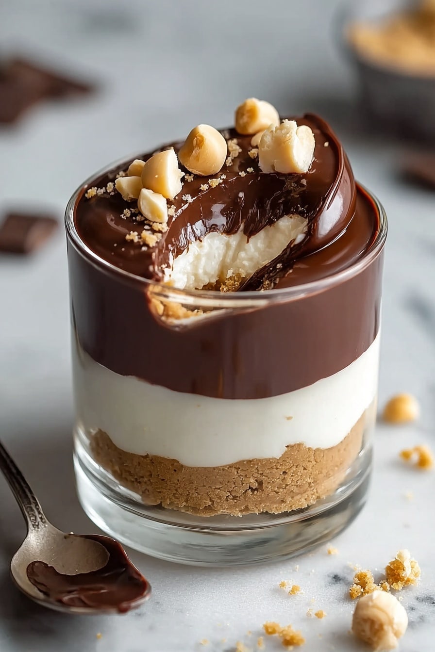 This glass cup dessert shows three layers: a bottom layer of light brown crumbly crust, a thick middle layer of smooth white cream, and a top layer of shiny dark chocolate ganache. On top of the chocolate, there are a few small light beige chunks scattered around. A spoon has scooped out some of the dessert, showing the cream inside under the chocolate. The glass cup sits on a white marbled surface with a metal spoon nearby and some crumbs and chocolate pieces around. photo taken with an iphone --ar 2:3 --v 7 - Peanut Butter Cottage Cheese Mousse, healthy dessert recipes, quick mousse dessert, creamy peanut butter dessert, low-fat chocolate mousse