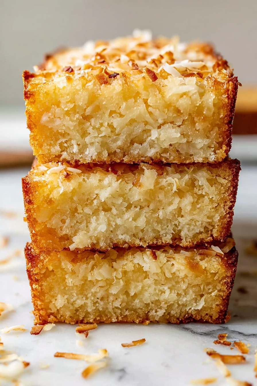 The image shows a close-up view of a stack of three thick slices of golden brown coconut cake. Each slice has a moist and dense texture with visible shredded coconut pieces spread throughout the cake. The edges of the slices have a slightly crispy, toasted look with browned coconut flakes sprinkled on top and around the stack. The background is a white marbled surface that highlights the warm colors of the cake. photo taken with an iphone --ar 2:3 --v 7 - Pineapple Coconut Bread, tropical bread recipe, pineapple bread, coconut bread, easy tropical bread