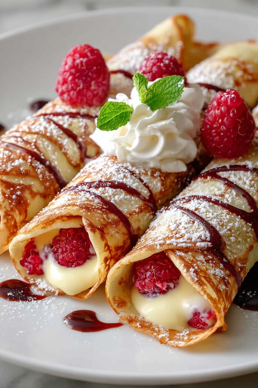 Three thin, golden-brown crepes filled with creamy pale yellow custard and fresh red raspberries are rolled and placed side by side on a white plate, which rests on a white marbled surface. Each crepe is lightly dusted with powdered sugar and drizzled with a dark red sauce. On top and between the crepes are dollops of white whipped cream, more raspberries, and a small cluster of bright green mint leaves. The image shows the texture of the crepes as soft and slightly crispy at the edges, with visible raspberry seeds and smooth custard inside. Photo taken with an iphone --ar 2:3 --v 7 - Raspberry Vanilla Crepe, crepe recipes with raspberries and vanilla, easy breakfast crepes, homemade fruit-filled crepes, elegant dessert ideas with raspberries