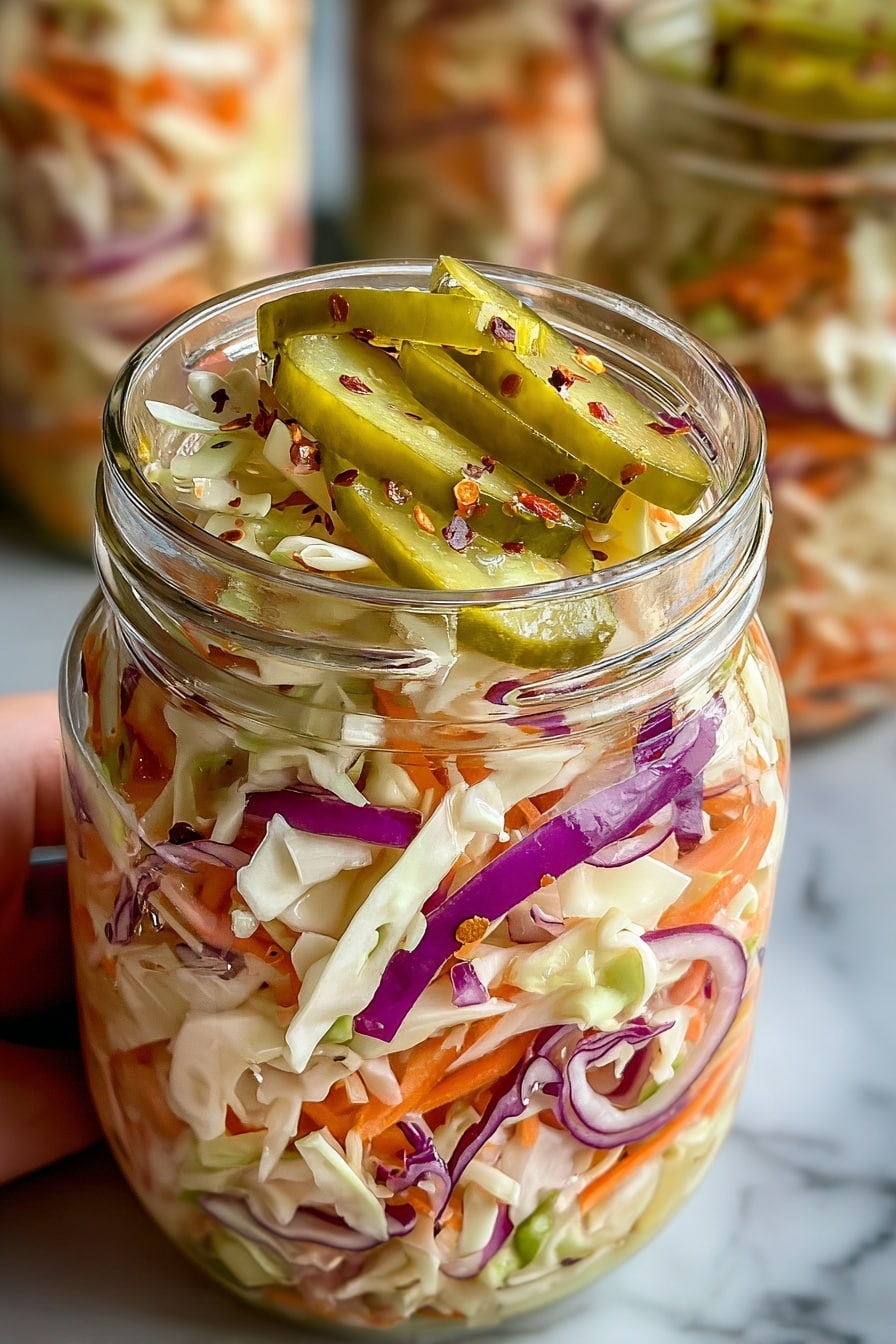 A glass jar filled with several layers of colorful coleslaw sits on a white marbled surface. The bottom layer shows shredded white and light green cabbage mixed with small pieces of carrot, creating a mix of off-white, pale green, and bright orange colors. Above this, there are thin slices of purple onion and more carrot strips adding purple and orange streaks. On top, thicker slices of greenish-yellow pickles, sprinkled with red pepper flakes and some black pepper seeds, rest on the vibrant vegetable layers. The jar is packed full, with a woman's hand gently holding it from one side in the background. Another similar jar is blurred softly behind it. The overall texture looks fresh and crunchy, with tiny drops of liquid seasoning glistening lightly on the vegetables. photo taken with an iphone --ar 2:3 --v 7 - Sweet and Spicy Pickle Slaw, DIY spicy pickle slaw, easy tangy slaw recipe, crunchy dill pickle slaw, flavorful vegetable slaw
