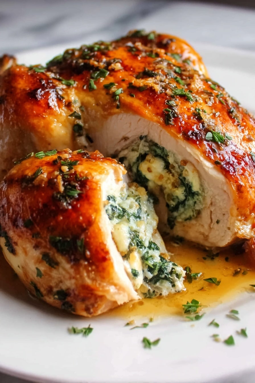 A roasted chicken with golden brown, crispy skin sits on a white plate, stuffed with creamy spinach and cheese filling visible inside a sliced part. The chicken is garnished with small green herbs scattered on top and around it. The plate rests on a white marbled surface. photo taken with an iphone --ar 2:3 --v 7 - Stuffed Chicken Breast with Spinach and Cheese, chicken breasts stuffed with spinach and cheese, cheesy stuffed chicken recipe, baked stuffed chicken breast, easy stuffed chicken dinner