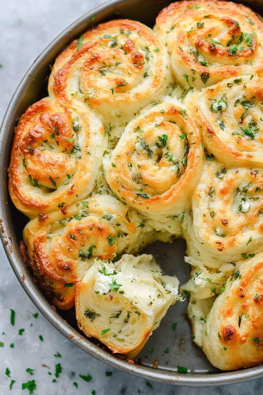 The image shows a round metal baking pan with eight spiraled rolls of bread arranged inside. Each roll has a golden-brown top layer with hints of light orange from baking. The bread has a soft texture with white and cream layers visible in the swirls, filled with small bits of green herbs and white cheese. The rolls are sprinkled with chopped green parsley, scattered over the surface and edges in the pan. One roll is slightly pulled out from the circle, showing the layers well. The background around the pan is a white marbled texture. Photo taken with an iphone --ar 2:3 --v 7 - Cheesy Spinach Artichoke Pinwheels, spinach artichoke appetizers, cheesy crescent roll snacks, savory party appetizers, easy cheese and spinach pinwheels