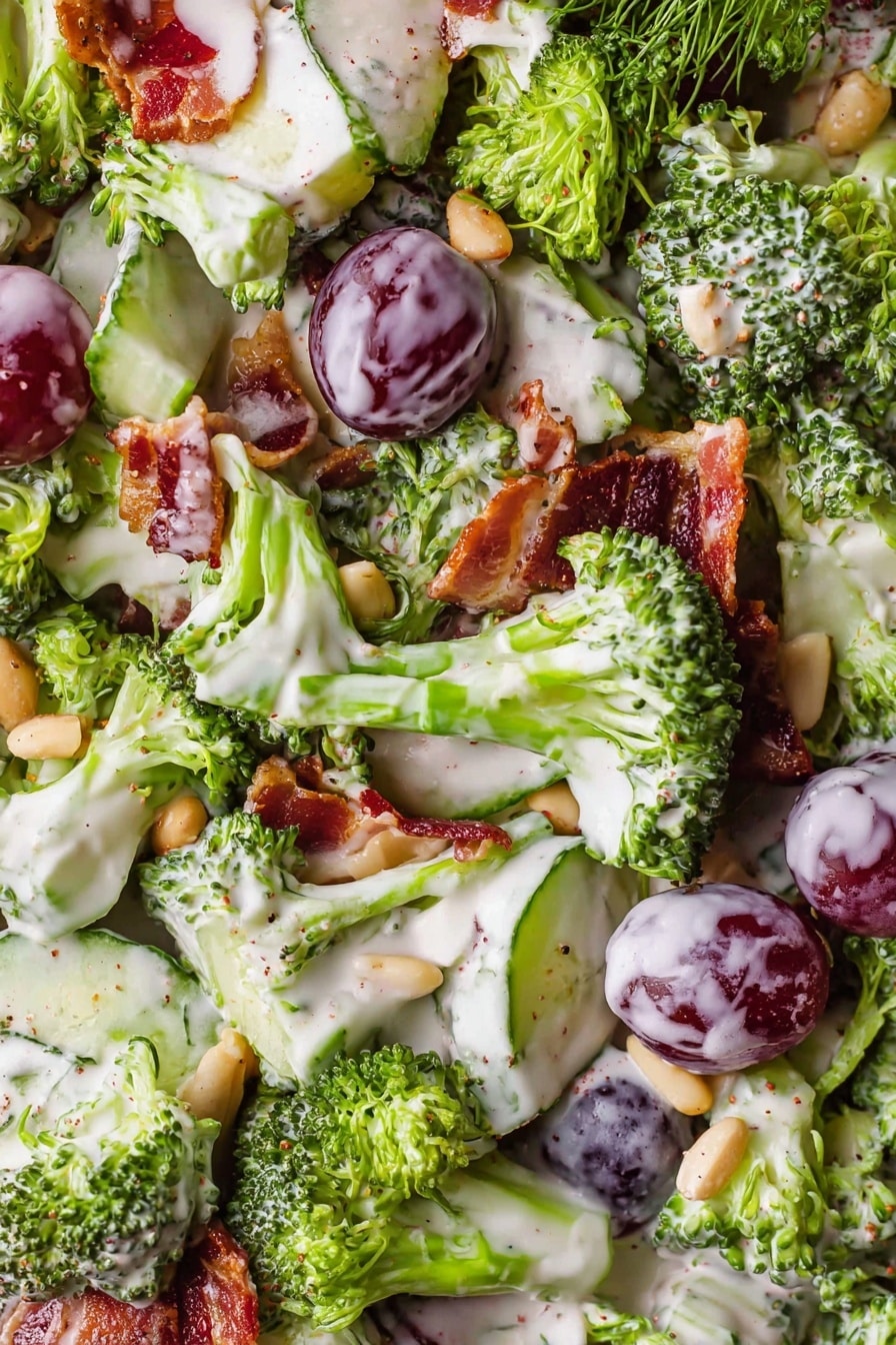 This image shows a close-up of a fresh salad with many small layers. The first layer has bright green broccoli florets with a rough texture, scattered all over the salad. The second layer shows dark purple grape halves with smooth, shiny skins mixed among the broccoli. The third layer has pieces of crispy, brown bacon that add a crunchy texture. Thin slices of light green cucumber with smooth skin also appear in places. There are small white pine nuts spread around, adding a smooth but firm texture. The salad is covered with creamy white dressing, giving it a light shine and a soft look that contrasts with the rough broccoli and crispy bacon. The entire salad is on a surface with white marbled texture. photo taken with an iphone --ar 2:3 --v 7 - Broccoli Grape Salad with Bacon and Pine Nuts, healthy broccoli grape salad, easy fruit and veggie salad, savory bacon and nut salad, fresh salad with lemon dressing