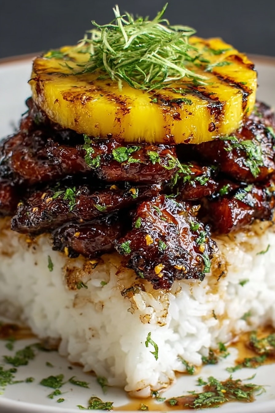 The dish is stacked in three clear layers on a white plate with a white marbled texture background. The base layer is a square block of white rice with some brown sauce spots on the edges. On top of the rice is a thick layer of dark glazed grilled meat pieces with a shiny texture and sprinkled herbs or spices. The top layer is a large round slice of grilled pineapple with obvious char marks, adding a golden yellow color with some darker grill lines. Finely shredded green herb garnishes the pineapple. Photo taken with an iphone --ar 2:3 --v 7 - Huli Huli Chicken with Grilled Pineapple, Hawaiian grilled chicken with pineapple, tropical grilled chicken recipe, smoky chicken and pineapple, Hawaiian BBQ chicken and pineapple