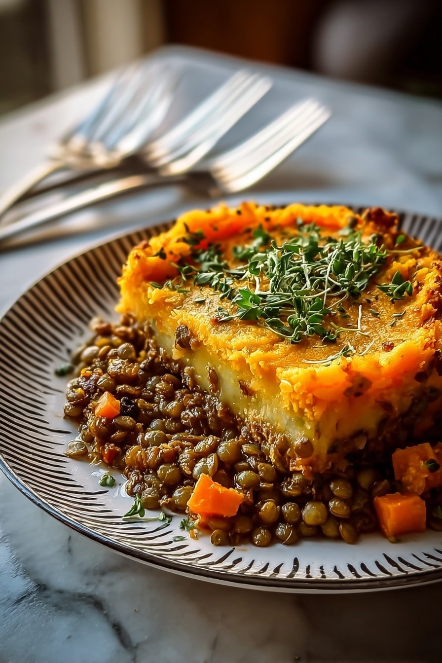 The dish shows two main layers served on a white plate with black stripes. The bottom layer consists of cooked green lentils mixed with small orange carrot cubes, giving it a textured look with round and soft shapes. The top layer is a smooth, bright orange mash with a slightly crispy, browned edge, rising evenly over the lentils. On top of the mash, there is a fresh sprinkle of finely chopped green herbs, adding contrast and color. The plate sits on a white marbled surface with silver forks placed to the side, and the photo has warm lighting with a soft focused background. photo taken with an iphone --ar 2:3 --v 7 - Sweet Potato Lentil Shepherd's Pie, healthy vegetarian shepherd’s pie, cozy lentil and sweet potato casserole, vegan comfort food recipes, easy lentil pie recipe
