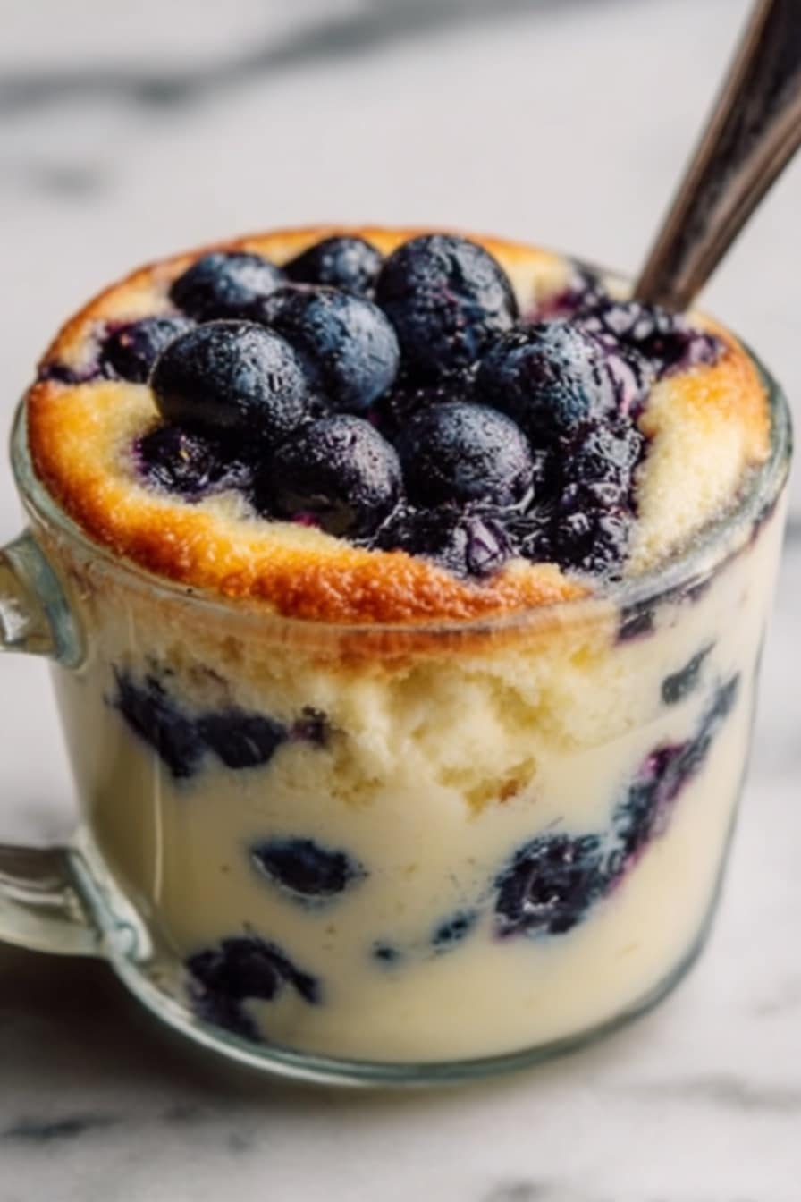 A clear glass mug shows a creamy, pale yellow baked dessert with a smooth texture. Inside and on top are many dark blue blueberries, some slightly sunken into the soft cake layer, which looks moist and fluffy with golden brown edges. A silver spoon is inserted on the right side, resting against the rim. The mug sits on a white marbled surface. Photo taken with an iphone --ar 2:3 --v 7 - Baked Blueberry Cottage Cheese Breakfast Bowl, healthy blueberry breakfast ideas, easy cottage cheese breakfast recipes, quick blueberry breakfast bowl, nutritious breakfast with blueberries