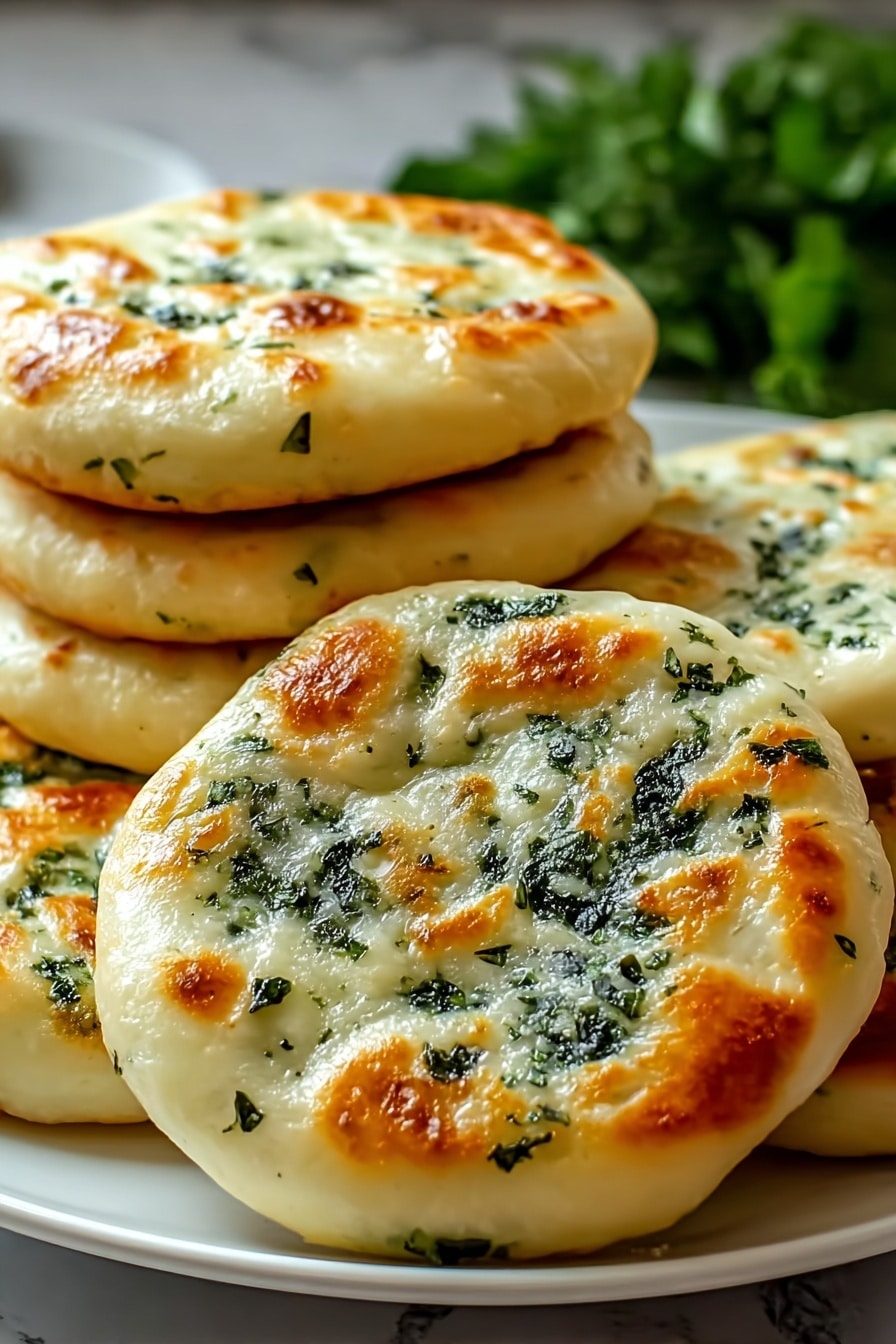 The image shows a close-up of three thick, round, pan-cooked flatbreads stacked on a white plate, placed on a white marbled surface. Each flatbread has a golden-brown, slightly crispy outer layer with patches of melted cheese and scattered dark green leafy herbs mixed within the dough. The texture appears soft and slightly shiny due to the melted cheese, with uneven browning across the surface. The flatbread on top leans slightly on the others, revealing the soft, fluffy thickness of the layers. photo taken with an iphone --ar 2:3 --v 7 - Cheese and Spinach Flagels, savory flagel recipe, cheesy spinach bread, quick homemade flagels, vegetarian snack ideas