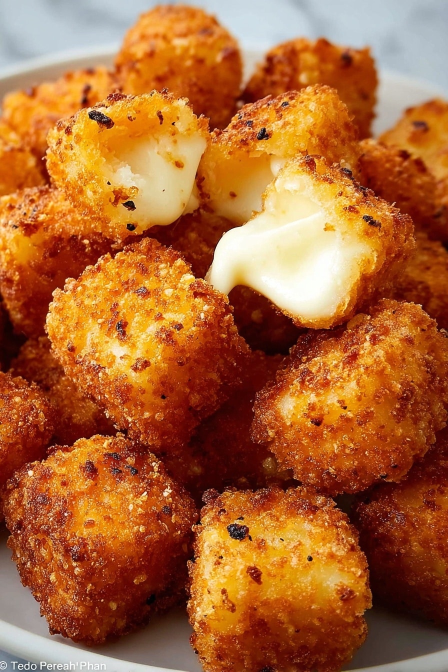 The image shows a close-up of many small, square-shaped fried cheese bites on a white plate. Each bite is golden brown with a crispy, crumbly texture on the outside, with tiny dark seasoning spots scattered on the surface. One cheese bite is broken open in the center, showing creamy, melted white cheese inside stretching slightly. The cheese bites are piled closely together, filling most of the frame, on a white marbled surface. photo taken with an iphone --ar 2:3 --v 7 - Cheese Bites, Crispy Fried Mozzarella, cheesy appetizer, homemade cheese snacks, easy mozzarella bites