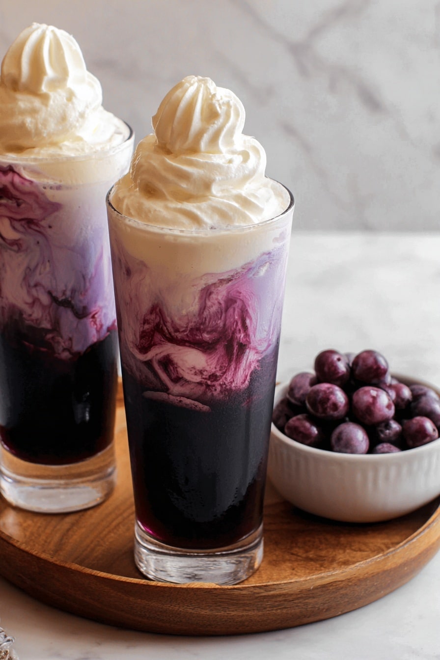 The image shows two tall clear glasses filled with a three-layered drink placed on a wooden round tray. The bottom layer is dark purple, almost black, with a smooth texture. The middle layer is a lighter pinkish-purple swirl that mixes into the bottom and the top layers, creating a marbled effect. The top layer is thick and creamy white, with a whipped cream swirl that peaks in a soft spiral. Next to the glasses is a small white bowl filled with round frozen dark purple berries. The background and surface are white marble. photo taken with an iphone --ar 2:3 --v 7 - Blueberry Italian Cream Soda, Sugar Free Blueberry Soda, Healthy Blueberry Mocktail, Low Sugar Blueberry Drink, Creamy Blueberry Sparkler