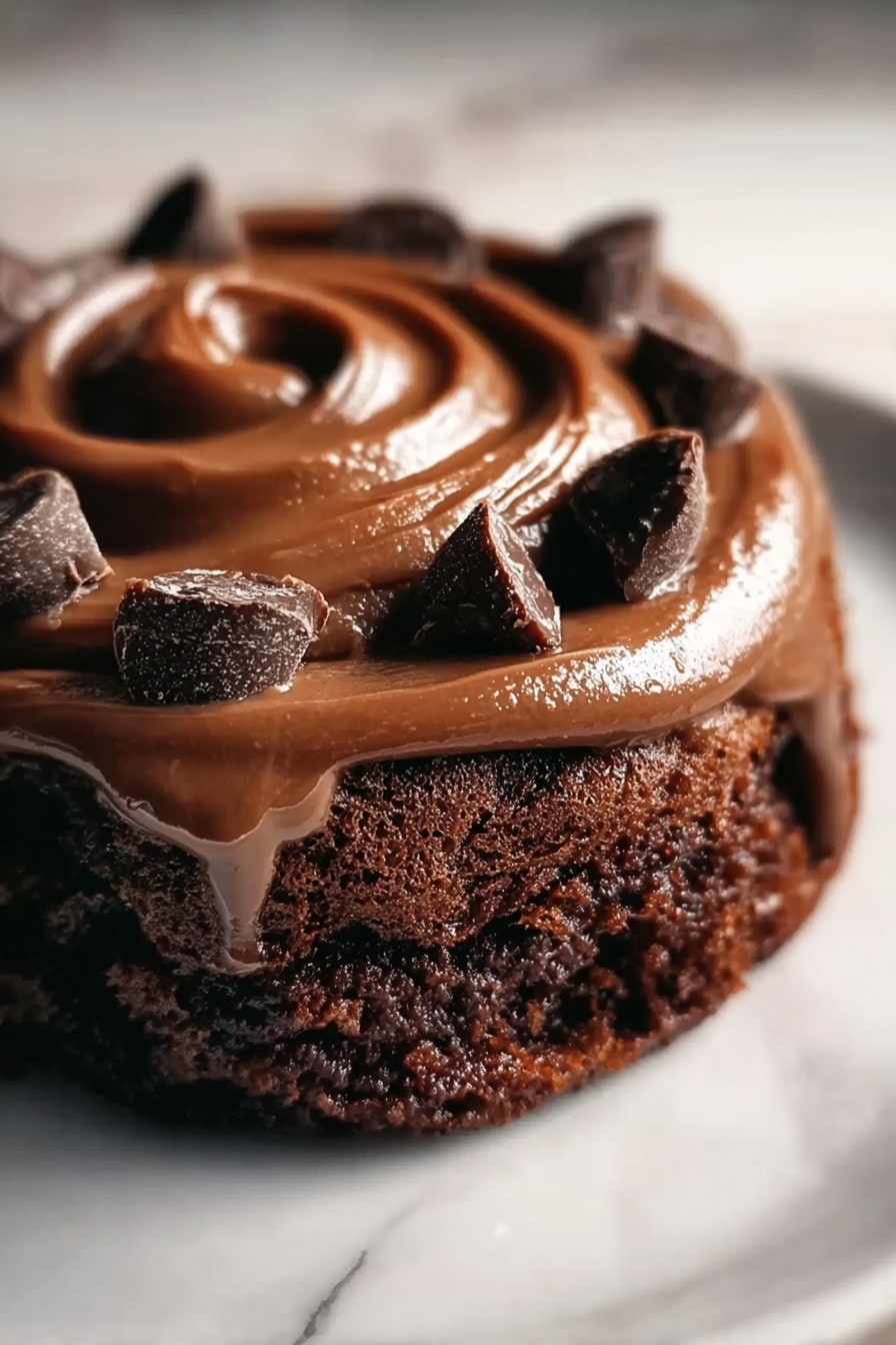 The image shows a close-up of a round chocolate cake on a white plate with a white marbled surface underneath. The cake has two visible layers: a thick, dark brown chocolate base that looks moist and slightly crumbly, and on top a thick swirl of lighter brown, smooth chocolate frosting. The frosting sits in a spiral pattern with a shiny, creamy texture, and there are several whole dark chocolate chunks placed irregularly on top and around the frosting. The lighting highlights the glossy surface of the frosting and the rich texture of the cake, making it look fresh and inviting. Photo taken with an iphone --ar 2:3 --v 7 - Chocolate Cinnamon Rolls, cinnamon rolls with chocolate, easy chocolate cinnamon roll recipe, homemade cinnamon rolls with chocolate, best chocolate cinnamon rolls