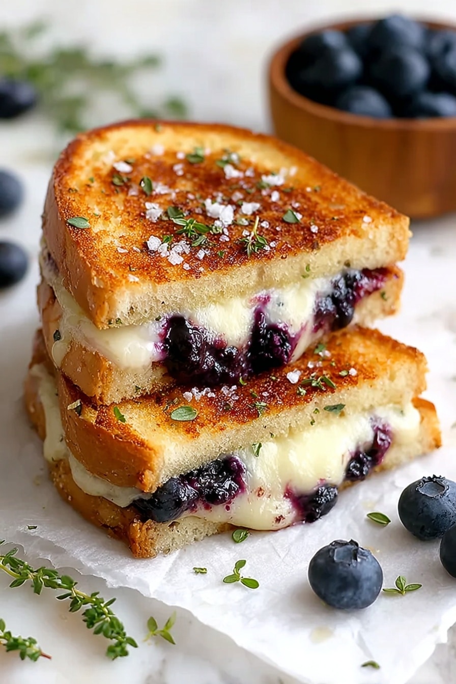 A grilled sandwich is shown with two slices of golden brown toasted bread. The sandwich is cut diagonally, showing a melted white cheese layer mixed with whole, dark purple blueberries inside. The top of the sandwich is sprinkled with coarse salt flakes and small green herb leaves. The sandwich sits on a white parchment paper over a white marbled surface, surrounded by fresh blueberries and small sprigs of green herbs. In the background, there is a small round wooden bowl filled with blueberries. photo taken with an iphone --ar 2:3 --v 7 - Crispy Blueberry Grilled Cheese, blueberry grilled cheese sandwich, fruity grilled cheese recipe, easy blueberry grilled cheese, gourmet grilled cheese ideas