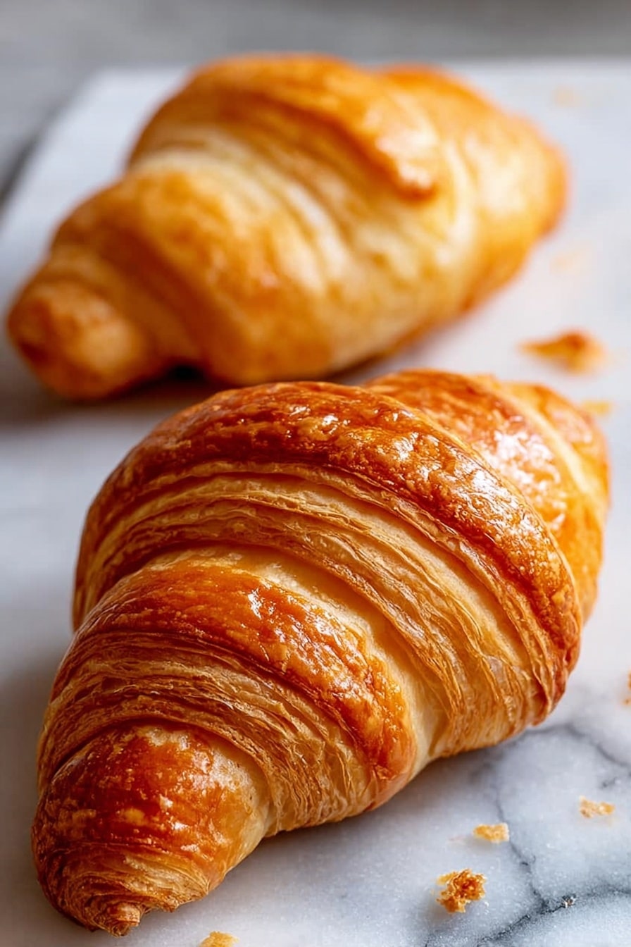 A close-up image shows a golden-brown croissant on a metal tray with a woman's hand holding a brush applying a shiny glaze over the croissant. The croissant has many thin, flaky layers visible with a crispy texture on the surface. The glaze makes the top layer look glossy and slightly sticky. Around it, there are a few more croissants with the same golden color and flaky texture. The background shows a soft focus, and the croissants are well-lit with natural light. photo taken with an iphone --ar 2:3 --v 7 - Homemade French Croissants, flaky buttery croissants recipe, how to make croissants at home, French pastry baking, homemade croissant dough
