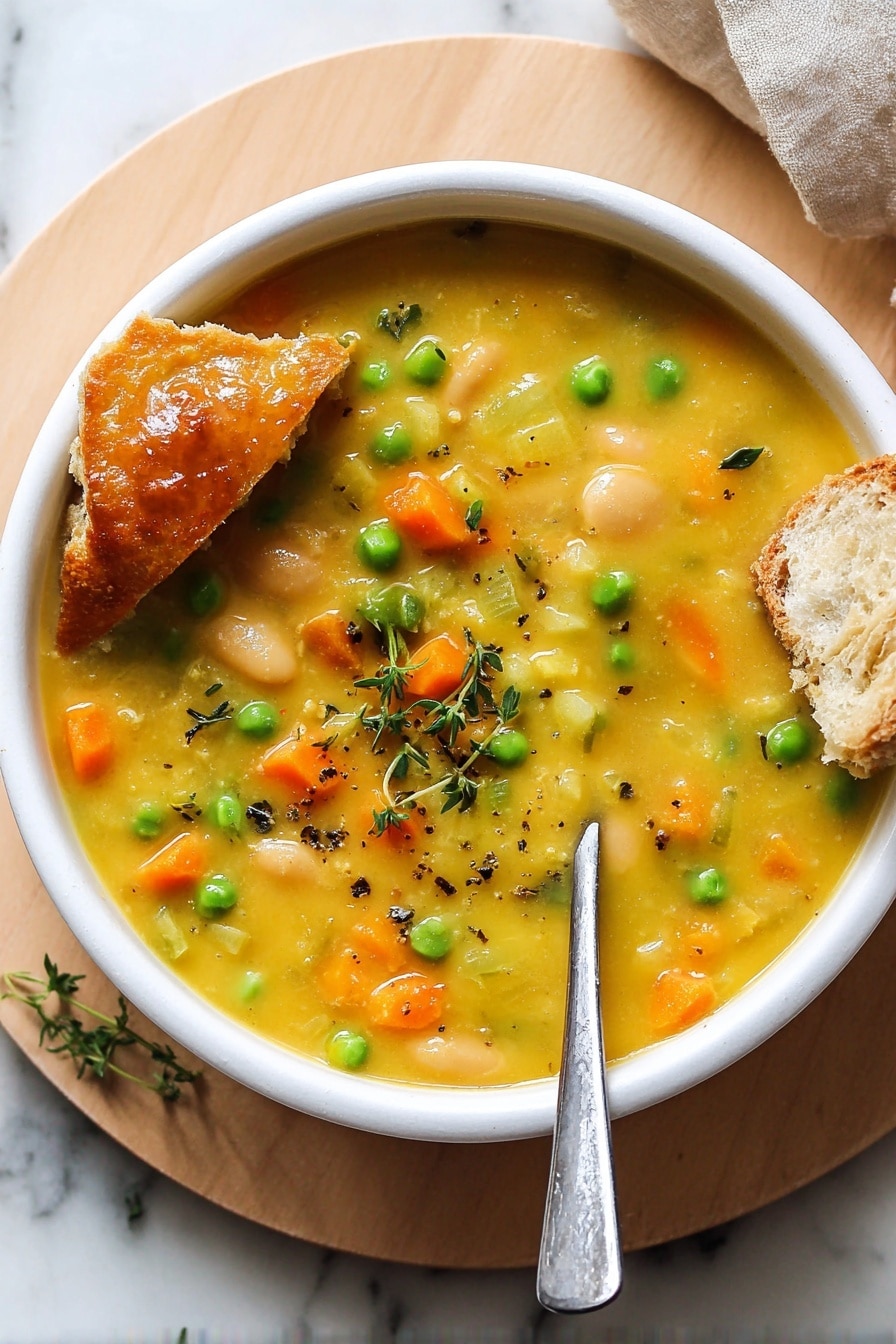 A white bowl filled with thick yellow vegetable soup with small pieces of orange carrot, green peas, light green celery, and white beans spread throughout. A piece of bread with a shiny butter glaze rests on the soup's left side, touching the bowl's edge. On top of the soup near the center, small green herb sprigs lie flat. A silver spoon is placed in the bowl on the right side. The bowl sits on a light wooden round board, with a white marbled surface underneath. Photo taken with an iphone --ar 2:3 --v 7 - Creamy Vegetable Soup, healthy vegetable soup, comforting vegetable soup, easy vegetable soup recipe, velvety vegetable soup