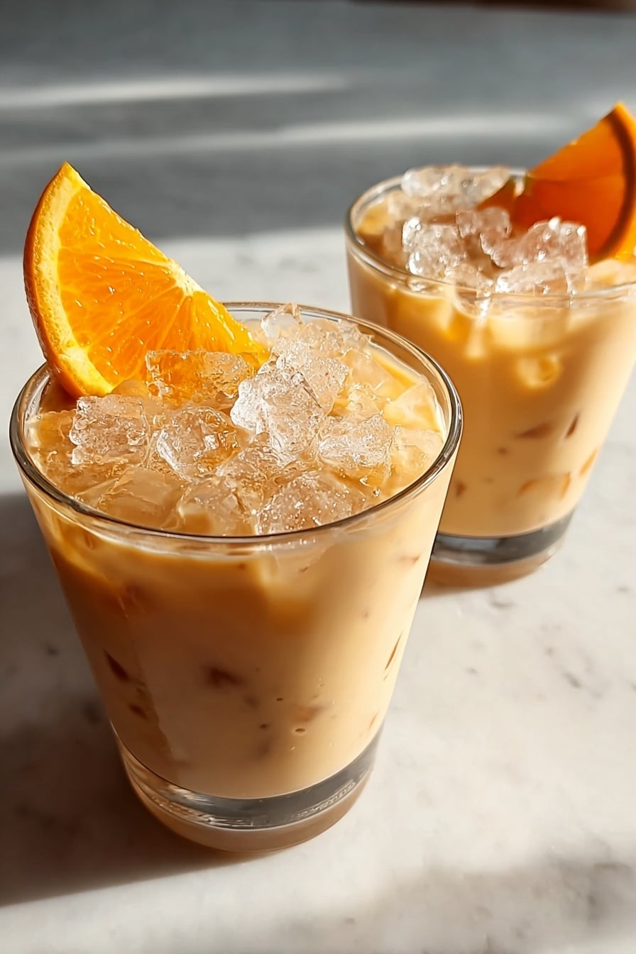 Two short clear glasses are filled with light brown creamy iced drink with small ice cubes mixed inside. Each glass is topped with a heap of larger clear ice cubes, creating a textured, sparkling surface. On the rim of each glass sits a bright orange slice, adding a fresh pop of color. The glasses are set on a white marbled surface with soft natural light casting gentle shadows around them. photo taken with an iphone --ar 2:3 --v 7 - Creamy Coconut Orange Dessert, tropical coconut orange dessert, citrus coconut creamy treat, easy coconut orange dessert, refreshing tropical dessert