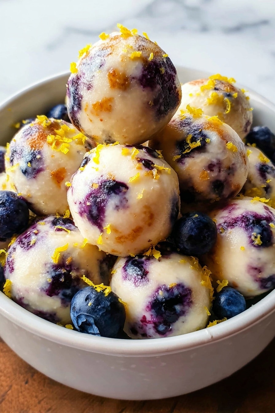 A bowl filled with round, small cheesecake balls that are creamy white with dark purple blueberries mixed inside each ball, some balls have a slightly golden brown top from light caramelization. The cheesecake balls are sprinkled with bright yellow lemon zest and a few whole blueberries are scattered among them. The bowl is white ceramic with a smooth texture and the background is a white marbled surface. photo taken with an iphone --ar 2:3 --v 7 - Lemon Blueberry Cottage Cheese Protein Bites, healthy snack recipes, high-protein snack bites, easy fruit and cottage cheese snacks, nutritious blueberry bites