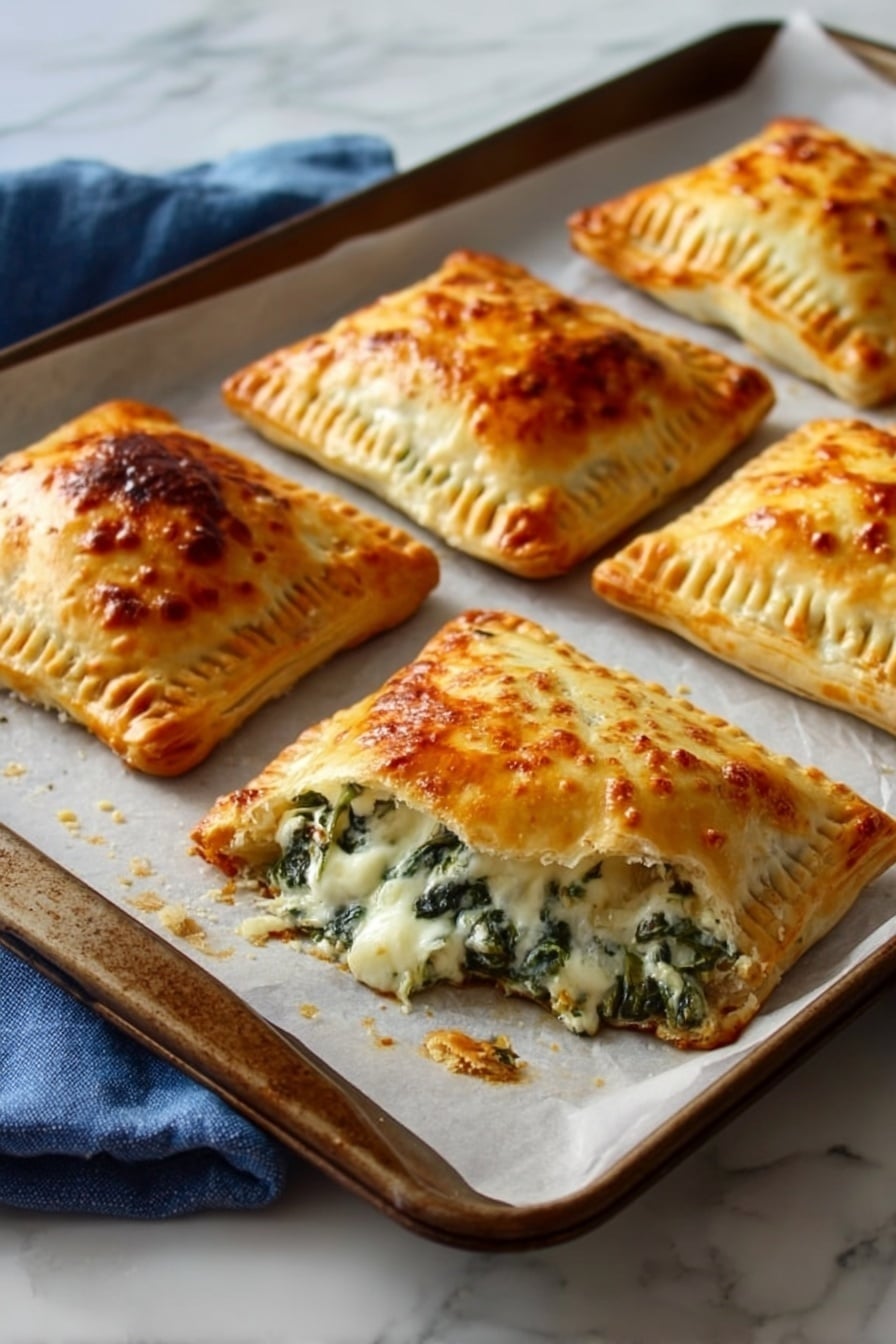 The image shows six baked square pastries on a white baking sheet lined with parchment paper. Each pastry has a golden-brown, flaky top crust with darker browned spots, and an edge that is pressed down with fork marks. One pastry in the front center is partly open, revealing a creamy white filling mixed with cooked green leafy vegetables inside. The pastries sit on a dark tray placed on a white marbled surface with a blue fold of cloth on one side. The light reflects off the shiny, slightly crisp tops, emphasizing the warm baked texture. photo taken with an iphone --ar 2:3 --v 7 - Spinach Puff Pastry Bites, savory spinach appetizers, flaky puff pastry snacks, spinach and ricotta bites, easy appetizer recipes