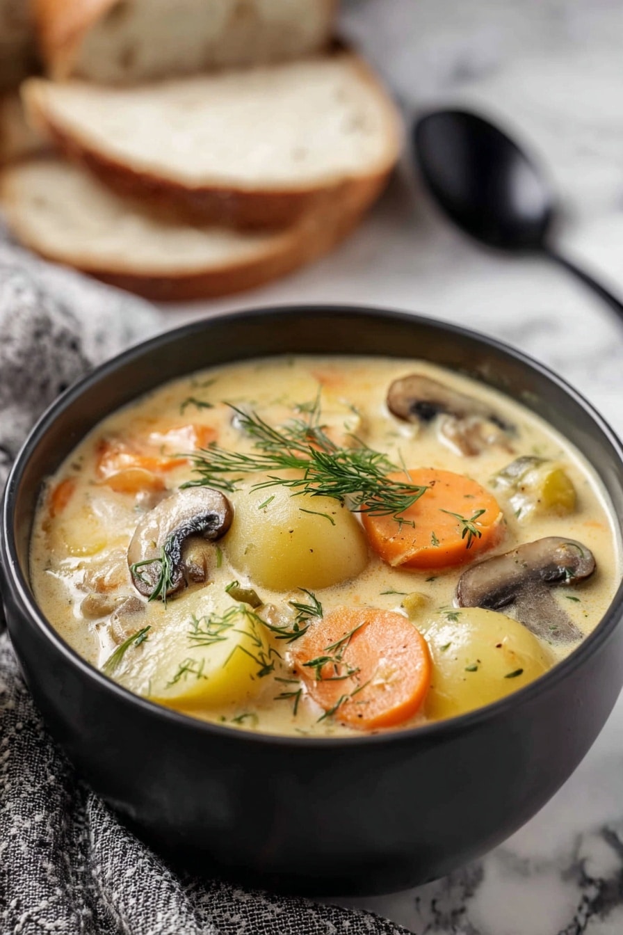 A black bowl filled with creamy soup showing visible layers of sliced orange carrots, round white and yellow potato pieces, and brown mushroom slices, garnished with fresh green dill on top. The soup has a thick, smooth texture with steam rising, indicating warmth. In the background, there are two slices of white bread placed on a white marbled surface, with a black spoon lying next to the bowl on a gray patterned cloth. Photo taken with an iphone --ar 2:3 --v 7 - Creamy Mushroom and Potato Soup, hearty mushroom and potato soup, easy mushroom potato soup, comforting vegetable soup, creamy mushroom and potato soup recipe
