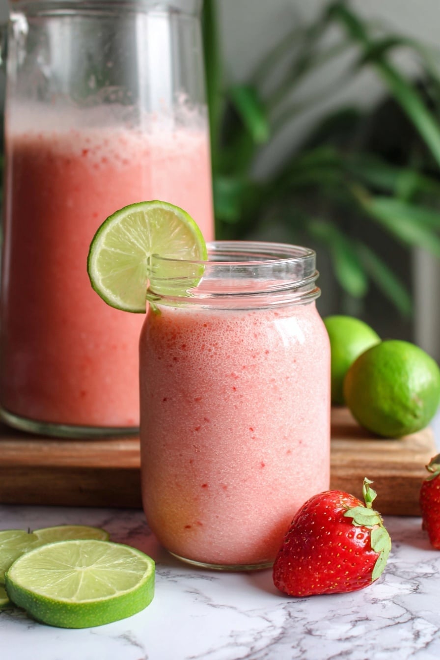 A clear glass jar jar filled almost to the top with a pink, slightly frothy smoothie textured with small bits visible throughout. The jar has a green lime wheel resting on the rim on the left side. Behind the jar is a large clear glass pitcher filled with the same pink smoothie. To the right side of the jar are three green limes and a bright red strawberry, and to the left side, two lime slices rest on a wooden cutting board. The scene is set on a white marbled surface with green plants blurred in the background. Photo taken with an iphone --ar 2:3 --v 7 - Strawberry Limeade Refreshing Summer Drink, summer drink recipes, citrus strawberry beverage, easy fruit summer drinks, chilled summer refreshers