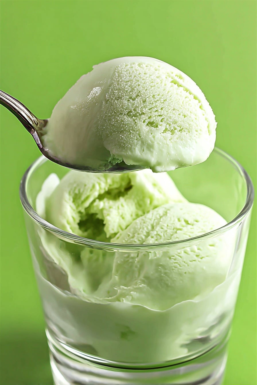 A clear glass cup filled with light green ice cream, showing two visible scoops with smooth, creamy texture. A silver spoon lifts some ice cream from the cup, hovering above it. The background is a simple green color which contrasts with the ice cream and spoon. The bright and soft lighting highlights the ice cream’s creamy surface and slightly fluffy details. photo taken with an iphone --ar 2:3 --v 7 - Homemade Pistachio Ice Cream, pistachio ice cream recipe, easy homemade ice cream, creamy pistachio dessert, no-churn pistachio ice cream