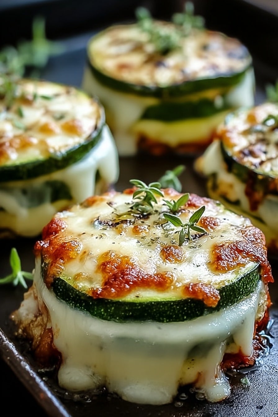 The image shows four round pieces of cooked zucchini stacked on a baking tray. Each piece has three main layers: the bottom is slightly browned zucchini, the middle layer is melted white cheese with a smooth texture that slightly drips over the sides, and the top layer is a slice of grilled zucchini with brown spots and melted cheese melted on top. The top of each stack has small green herb sprigs, adding a fresh detail. The tray has a dark non-stick surface, contrasting with the colorful food. The photo is taken with an iphone --ar 2:3 --v 7 - Zucchini Ricotta Melts, zucchini appetizer, cheesy zucchini bake, Italian vegetable dish, baked zucchini with ricotta