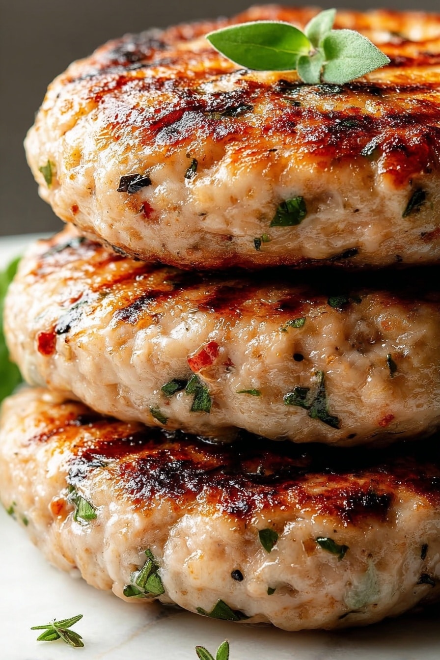 The image shows a close-up of three stacked grilled patties with a slightly rough texture. Each patty is light tan with small bits of green, red, and black herbs or spices mixed throughout. The top patty has a golden brown, slightly charred surface with a small green herb leaf placed on it for garnish. The patties appear juicy and soft with visible grill marks, set against a white marbled texture background. Photo taken with an iphone --ar 2:3 --v 7 - Greek Chicken Burgers with Tzatziki, Greek chicken burger recipe, Mediterranean chicken burgers, easy Greek chicken sandwich, flavorful chicken burger with tzatziki