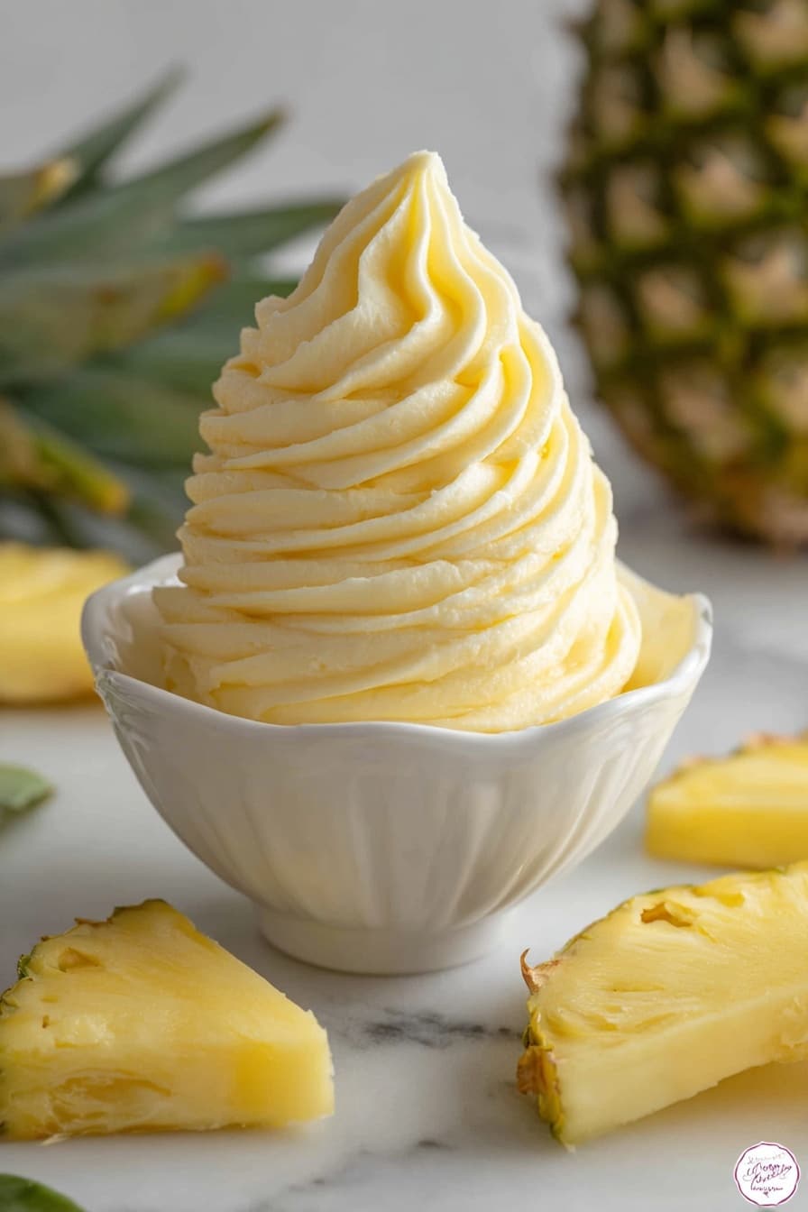 A tall swirl of light yellow whipped butter with a soft, creamy texture is neatly piped into a white bowl with ruffled edges, standing upright in the center. Around the bowl, pieces of fresh pineapple with bright yellow flesh and green leaves are casually placed on a white marbled surface, adding a fresh and natural touch. The scene is softly lit, emphasizing the smooth swirls and the fresh pineapples in the background photo taken with an iphone --ar 2:3 --v 7 - Dole Pineapple Whip, Pineapple whip recipes, tropical dessert ideas, easy pineapple ice cream, summer fruit dessert