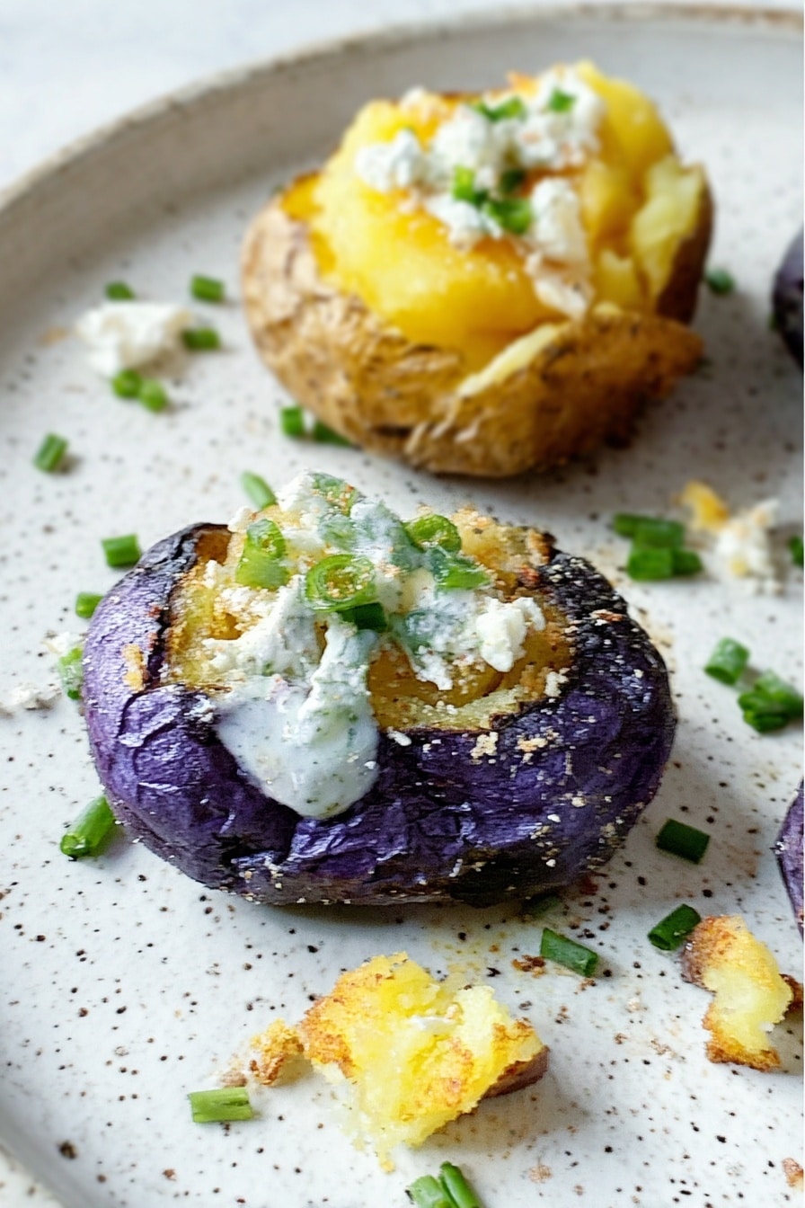 The image shows two stuffed potato halves on a white plate with a speckled design, placed on a white marbled surface. The potato at the front is purple with a rough texture, topped with a white creamy sauce and small green herb pieces. Behind it, there is a yellow potato half with a soft, mashed inside, covered in a dollop of white creamy sauce and garnished with small green herbs and crumbled white cheese. Scattered chive pieces and crumbs are sprinkled around the plate. Photo taken with an iphone --ar 2:3 --v 7 - Caramelized Roasted Butternut Squash, roasted butternut squash side dish, caramelized squash recipe, fall vegetable side, easy squash recipe
