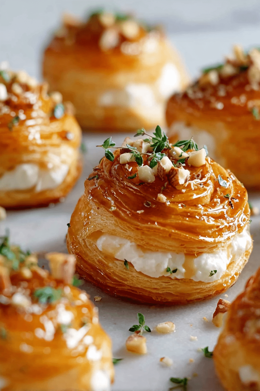 The image shows several small round pastries placed on a white marbled surface. Each pastry has multiple thin layers of flaky golden brown crust. Between the layers, there is a white creamy filling that looks soft and smooth. The top layer is glazed with a shiny caramel color and is sprinkled with small chopped nuts and green herb leaves scattered on top, adding texture and color contrast. The pastries are arranged in a way that some are in focus while others blur softly in the background, creating depth. photo taken with an iphone --ar 2:3 --v 7 - Goat Cheese Honey Bites, Goat Cheese Honey Bites recipe, easy goat cheese appetizer, no-bake goat cheese snacks, honey and goat cheese crostini