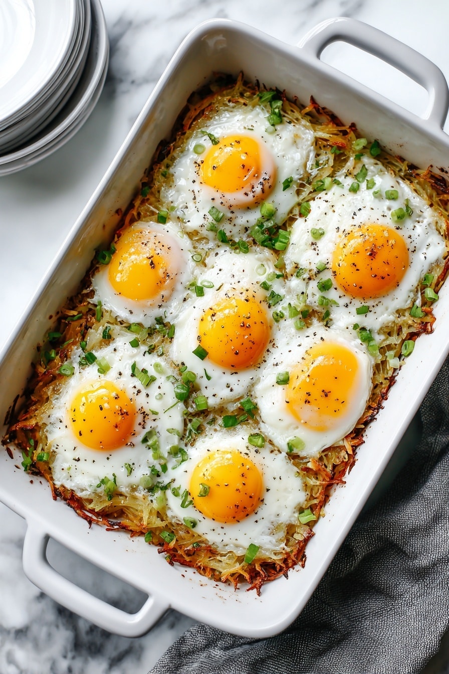 A white baking dish filled with a base layer of light golden shredded potatoes evenly spread across the bottom, topped with six cooked eggs each nestled inside a ring of bright green bell pepper slices. The eggs have white, slightly browned edges and bright yellow yolks that look slightly soft. There are small bits of red, likely pieces of tomato or bacon, near the eggs, and a sprinkling of green herb leaves scattered on top. The dish is set on a white marbled surface with a stack of white plates and a blue-gray cloth nearby. photo taken with an iphone --ar 2:3 --v 7 - Sweet Pepper Baked Egg Hash, baked eggs with peppers and hash browns, easy breakfast with bell peppers, savory baked egg dish, weekend brunch recipes