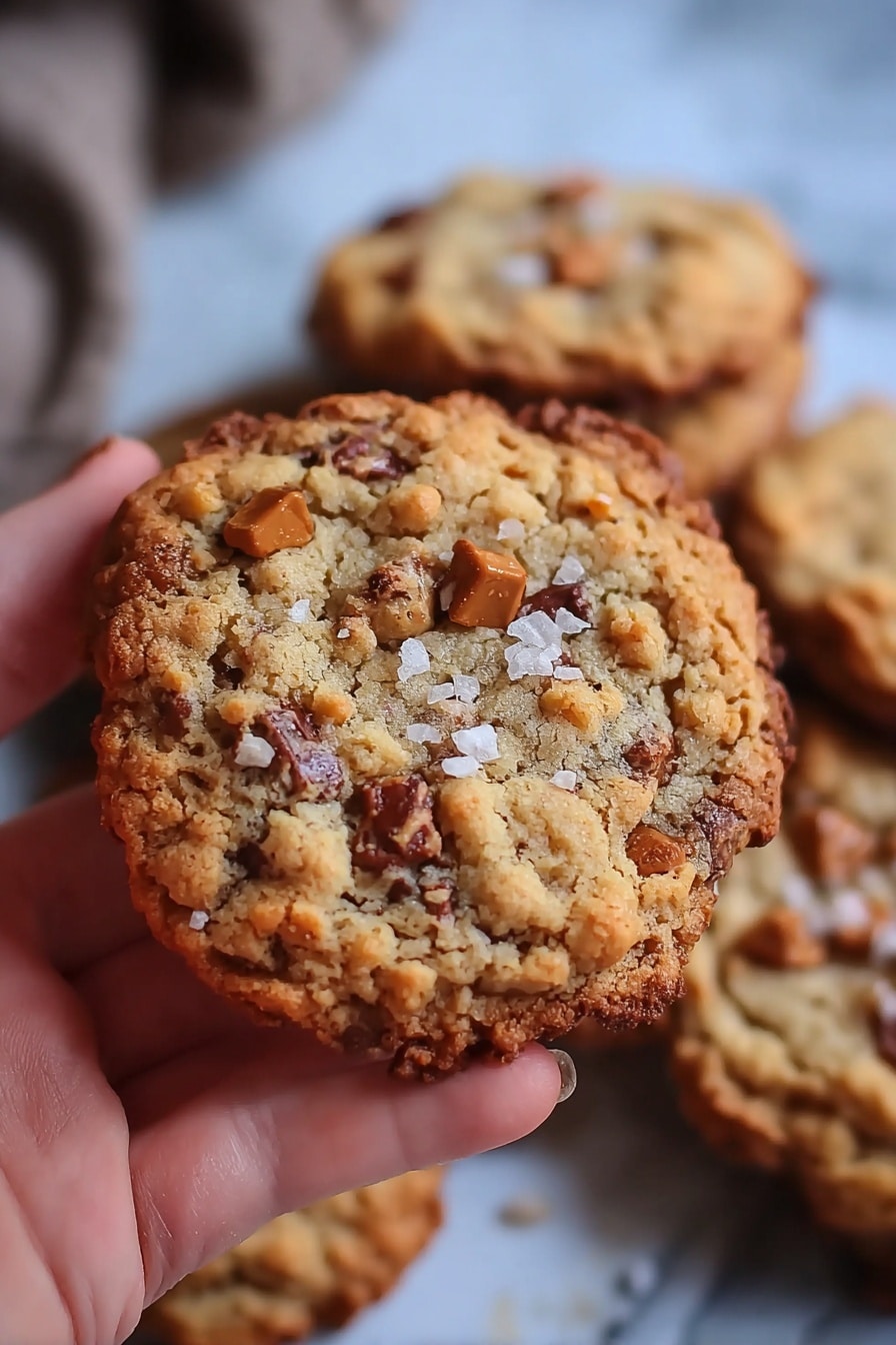 The image shows a close-up of a round cookie with a golden-brown crust and a slightly lighter, soft-looking center. The cookie is studded with scattered caramel-colored chunks and sprinkled with coarse sea salt crystals. Several cookies are stacked in the background, all resting on white parchment paper, placed on a white marbled surface. The textures range from crispy on the edges to soft in the middle, with shiny bits from the caramel pieces. photo taken with an iphone --ar 2:3 --v 7 - Toffee Butter Crunch Cookies, buttery toffee cookies, easy cookie recipes, soft and crispy cookies, homemade toffee cookies