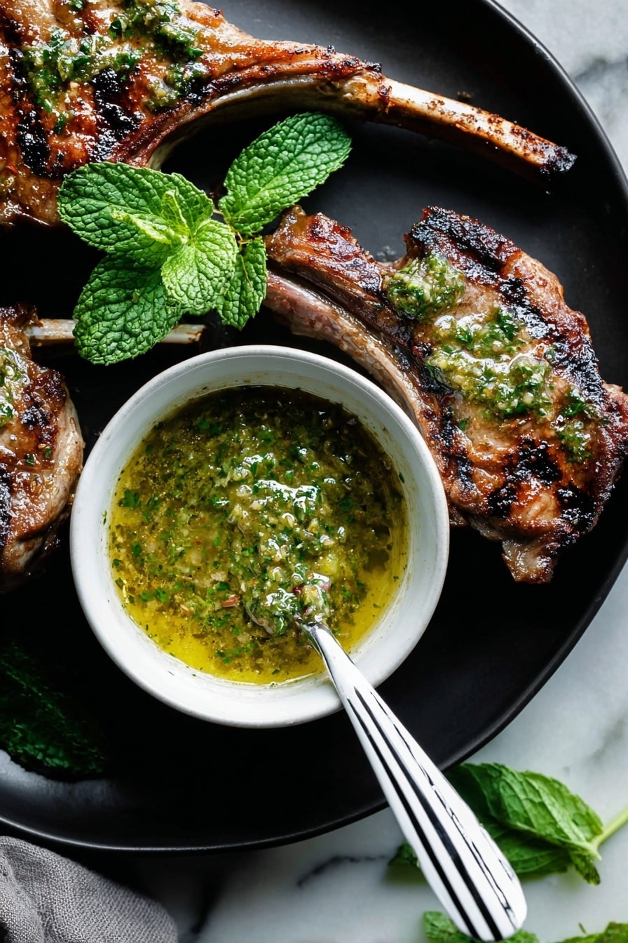 Four grilled lamb chops with dark brown char marks lie on a white plate, arranged with two chops on the left and two on the right, showing juicy, slightly crispy textures with a light glaze. Bright green mint leaves are placed on the top left corner and scattered lightly over the chops, adding fresh color contrast. The plate rests on a white marbled surface with a soft gray-white cloth partially visible on the left. The scene is lit brightly, highlighting the rich browns and greens. Photo taken with an iphone --ar 2:3 --v 7 - Grilled Lamb Chops with Mint Sauce, lamb chop recipes, grilled lamb ideas, mint sauce for lamb, easy lamb dinner