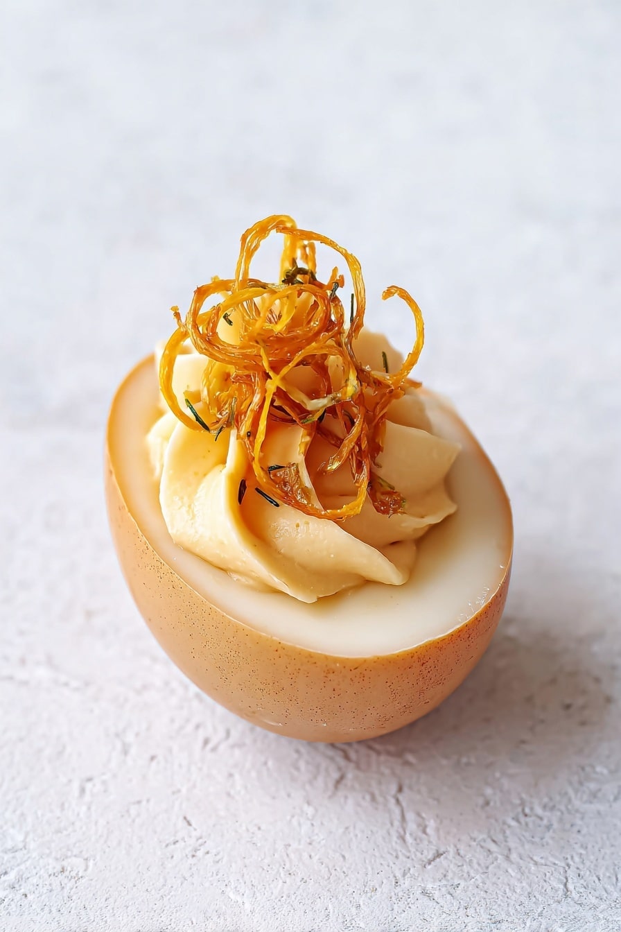 The image shows twelve halved eggs arranged neatly on a white egg tray placed on a white marbled surface. Each egg has a brownish outer layer and is filled with a smooth light beige creamy filling on top. The filling is swirled finely in the center of each egg half, crowned with thin, crunchy orange spirals as garnish. The eggs are evenly spaced in three rows of four, creating a tidy and appealing presentation. The photo is taken from a slightly low angle, giving focus to the texture and color contrast between the eggshell, the creamy center, and the garnish photo taken with an iphone --ar 2:3 --v 7 - Soy Sauce Ramen Deviled Eggs, ramen egg appetizers, savory deviled eggs, soy sauce egg recipe, easy ramen egg snacks