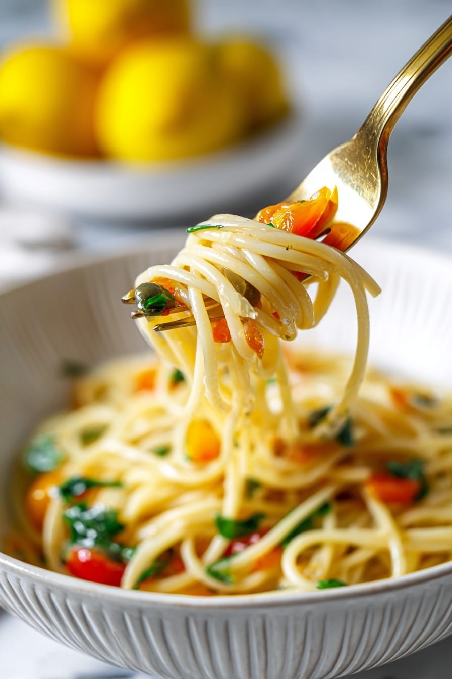 The image shows a white bowl filled with thin spaghetti noodles forming the base layer, light yellow in color and slightly glossy. Mixed with the noodles are bright red diced tomatoes and small dark green capers, scattered evenly throughout. Fresh green parsley leaves are sprinkled on top, adding a touch of freshness. Tiny bits of yellow lemon zest are also scattered over the noodles, giving a pop of color and texture. The bowl sits on a white marbled surface with a soft green cloth nearby and blurred yellow lemons in the background. photo taken with an iphone --ar 2:3 --v 7 - Lemon Capellini Pasta Salad, Lemon pasta salad, Capellini pasta recipes, Light summer pasta, Fresh lemon pasta