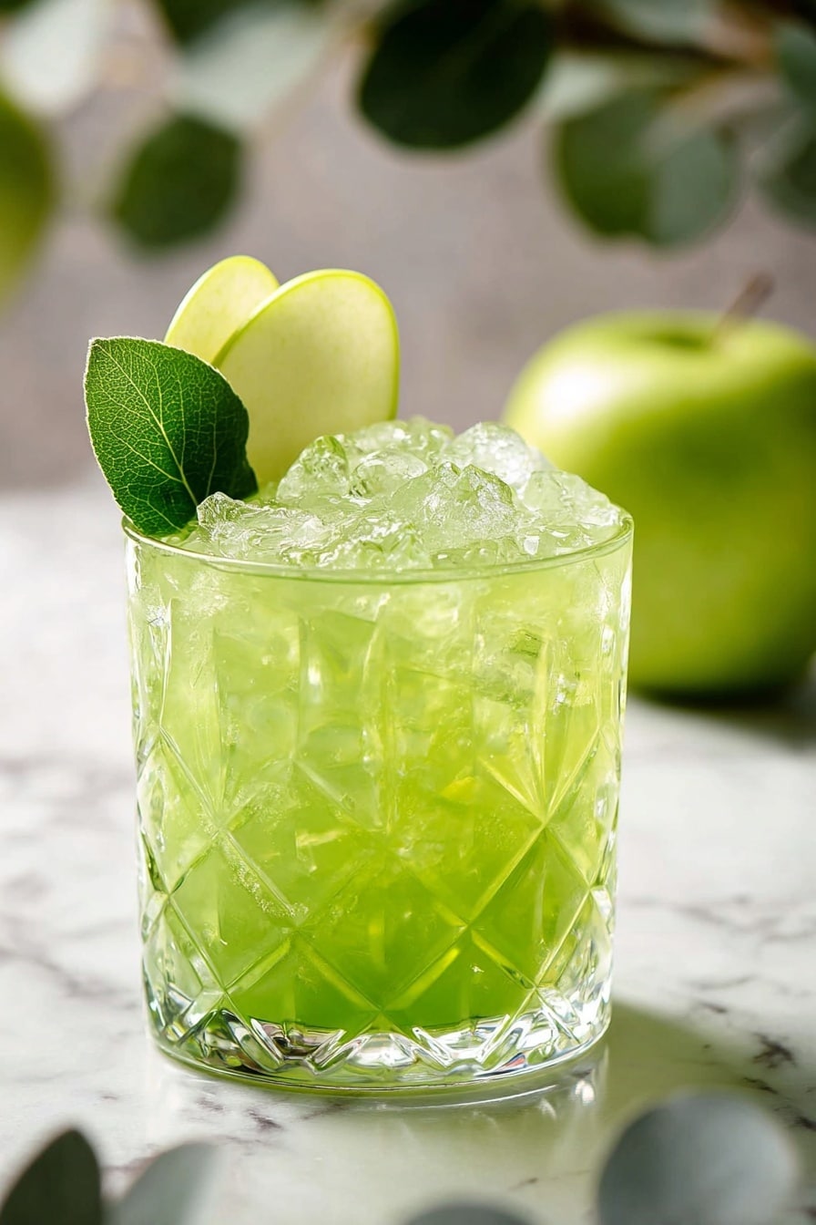 A clear glass tumbler filled with pale green liquid and large ice cubes, showing a bright and fresh texture. The drink is topped with a light green apple slice and fresh green mint leaves on the rim. The glass has a deep diamond pattern that refracts light, sitting on a white marbled surface. In the background, there is a whole green apple and a half green apple placed softly out of focus. The scene is bright and airy with soft natural light. photo taken with an iphone --ar 2:3 --v 7 - Green Apple Sparkling Soda, green apple soda recipe, homemade sparkling apple drink, tart apple fizzy beverage, refreshing green apple soda