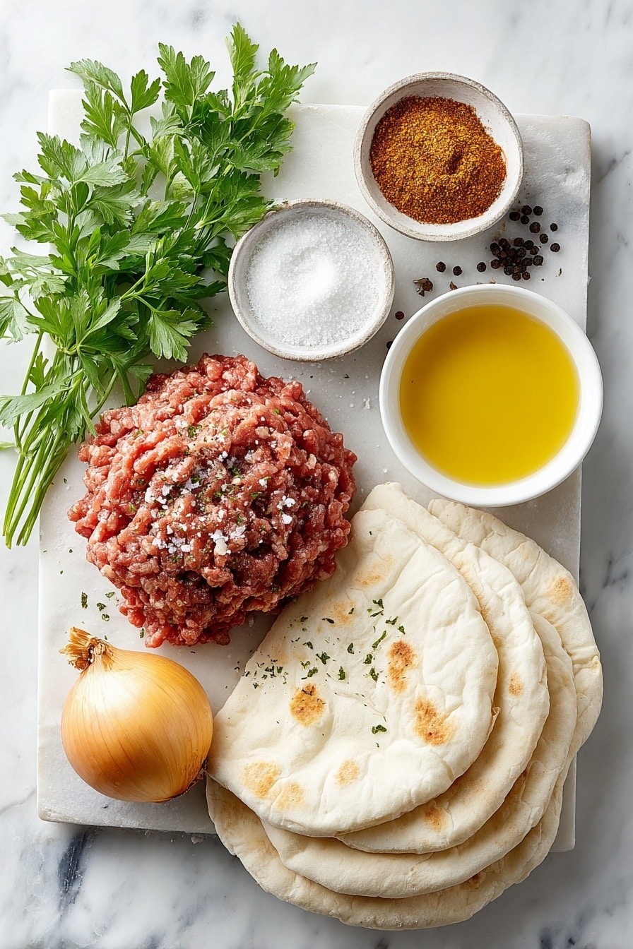 A round flatbread with a thick, golden-brown crust sits on a wooden board. It has a textured top with dark, toasty spots and is sprinkled with chopped green herbs, giving a fresh contrast. One slice is taken out, showing a thick, dense filling made of small greenish pieces inside the soft dough. The flatbread looks crispy on top and soft on the edges, with scattered bits of herb around on the board. The background is a white marbled texture. Photo taken with an iphone --ar 2:3 --v 7 - Lebanese Beef Arayes, Lebanese beef wraps, Middle Eastern beef appetizers, crispy pita beef pockets, spiced beef stuffed pita