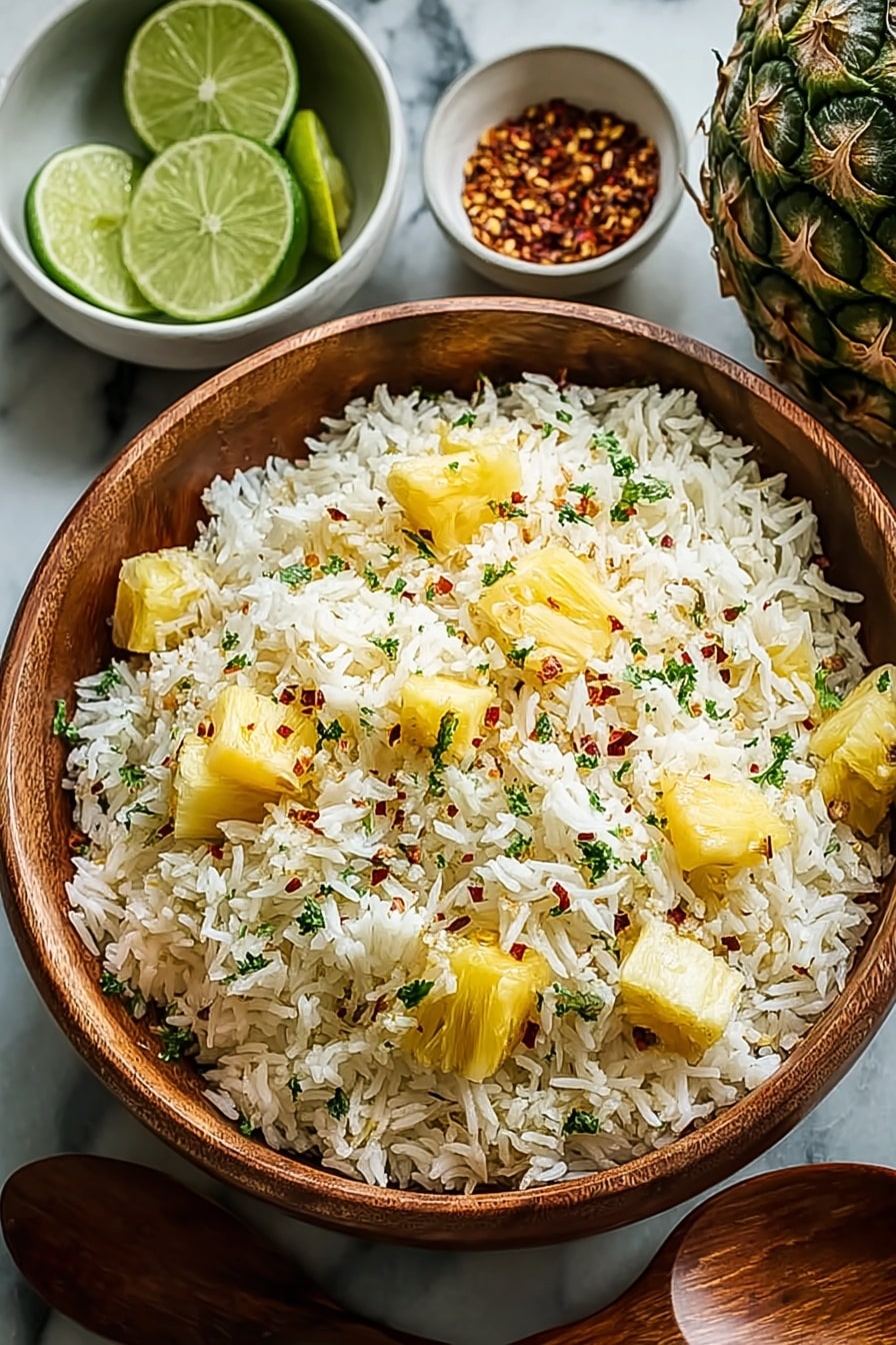 A wooden bowl filled with white rice mixed with yellow pineapple chunks and small green herb pieces, sprinkled with tiny red flakes, sitting on a white marbled surface. Nearby, a white bowl contains lime slices, and another white bowl holds dried flakes. A pineapple is partially visible on the right side. A wooden spoon rests to the left of the bowl. photo taken with an iphone --ar 2:3 --v 7 - Creamy Coconut Pineapple Rice, tropical rice side dish, easy coconut pineapple recipe, healthy rice with pineapple, coconut rice bowl