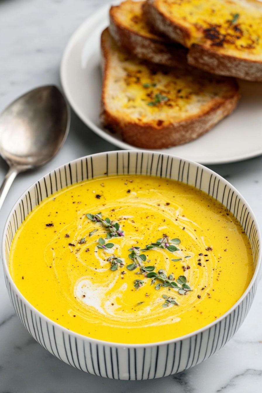 A bowl filled with bright yellow soup, smooth and creamy in texture, topped with a small swirl of cream, tiny green herb leaves, and black pepper specks scattered on its surface; the bowl is white with thin vertical black stripes near the rim, sitting on a white marbled surface; beside the bowl, a large silver spoon with a round scoop rests, and behind the bowl, there is a white plate holding two toasted bread slices with a golden brown char on the crust. Photo taken with an iphone --ar 2:3 --v 7 - Creamy Pumpkin Soup, pumpkin soup recipes, cozy fall soups, easy pumpkin soup, healthy pumpkin soup
