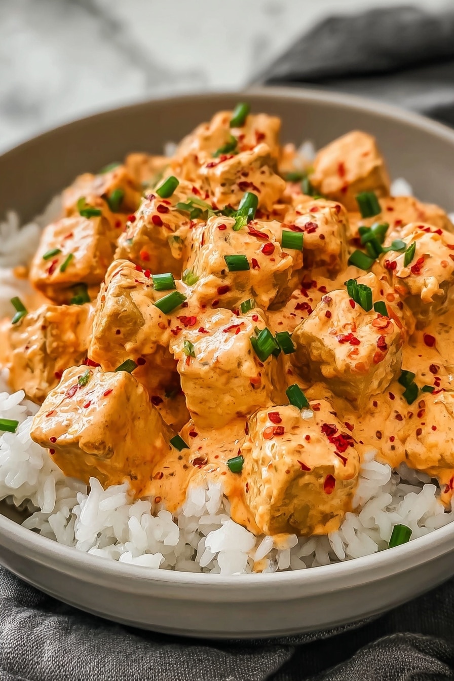 A black bowl holds three main layers, starting with a base of small, fluffy white rice grains, topped by a pile of golden brown tofu cubes with a slightly crispy texture. The tofu is covered with a creamy light beige sauce, speckled with small red chili flakes and garnished with small green chive pieces evenly scattered on top. The bowl sits on a white marbled surface. photo taken with an iphone --ar 2:3 --v 7 - Crispy Sriracha Bang Bang Tofu, spicy tofu appetizer, crunchy tofu recipe, vegan Sriracha tofu, easy plant-based tofu dish
