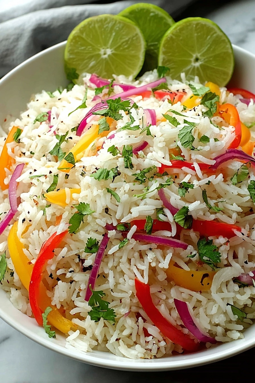 A white bowl filled with fluffy white rice as the main layer, mixed evenly with small strips of bright orange, red, and purple bell peppers and onions. The rice is speckled with finely chopped green herbs and bits of black pepper, giving it a fresh and colorful look. Two lime wedges sit on the side inside the bowl, adding a pop of зеленый color. The bowl rests on a white marbled surface with soft, natural lighting that highlights the textures and vibrant colors of the dish, photo taken with an iphone --ar 2:3 --v 7 - Tropical Coconut Pepper Rice, coconut rice with peppers, jasmine rice coconut milk, easy tropical rice side dish, flavorful rice with turmeric and peppers