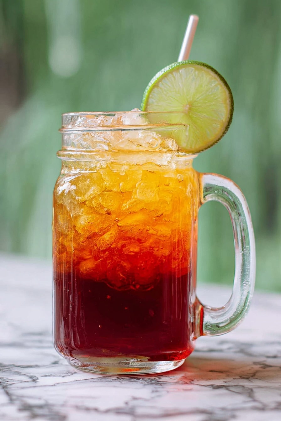 A clear glass mug with a handle holds a layered iced drink with a deep red bottom layer blending into a bright amber top layer full of crushed ice. A slice of lime is placed on the rim of the mug, and a straw is inserted behind the lime. The mug is set on a white marbled surface with a blurred green background. Photo taken with an iphone --ar 2:3 --v 7 - Thai Basil Lime Green Tea, green tea with Thai basil and lime, refreshing Thai herbal tea recipe, citrusy green tea beverage, easy summer tea drinks