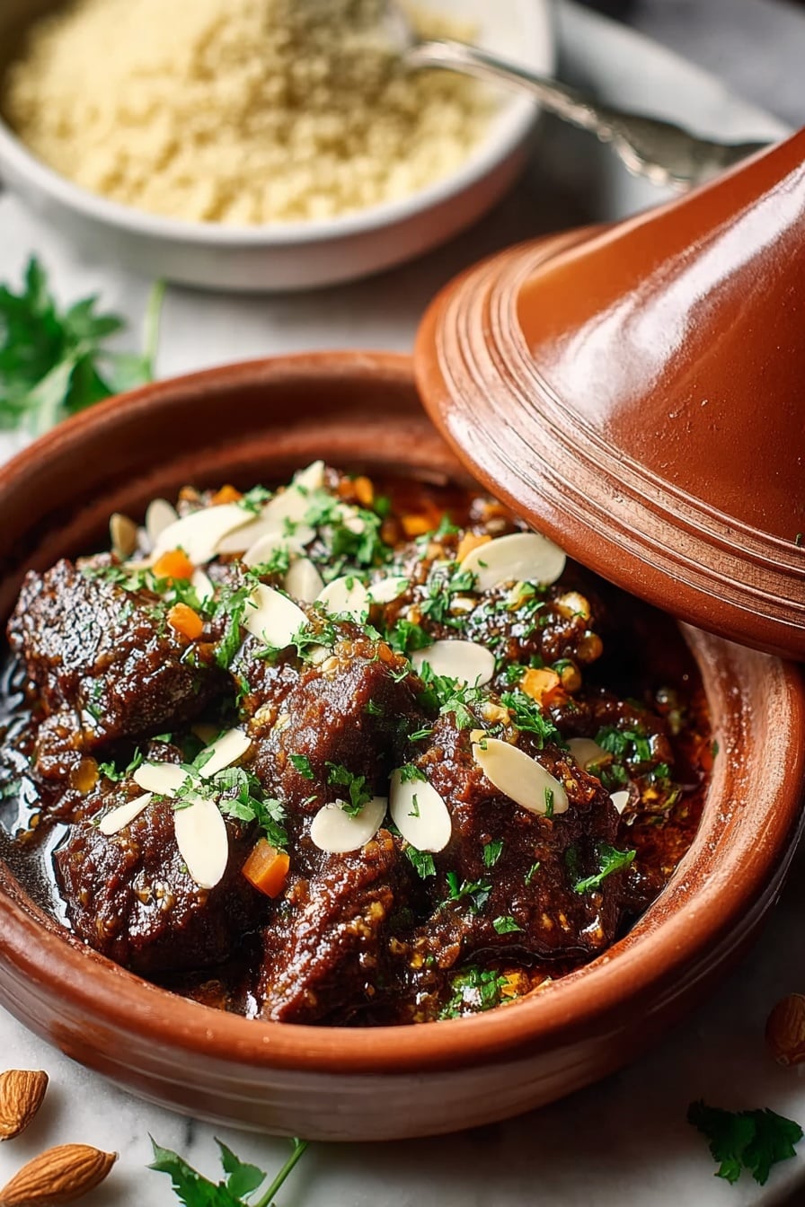 A round deep brown clay dish holds several chunks of dark brown meat in a thick, shiny sauce. On top, there are thin pale almond slices scattered along with chopped green herbs and small bright orange pieces. The clay dish has a matching lid partially open on the right side. In the blurred background, there is a white bowl filled with light beige couscous and a spoon inside it, all set on a white marbled surface with some almond slices and green herb leaves around. The photo taken with an iphone --ar 2:3 --v 7 - Beef Tagine with Apricots and Spices, Moroccan beef stew with apricots, Spiced beef and apricot slow cooker recipe, Exotic beef stew with dried fruit, Fragrant beef tagine with aromatic spices