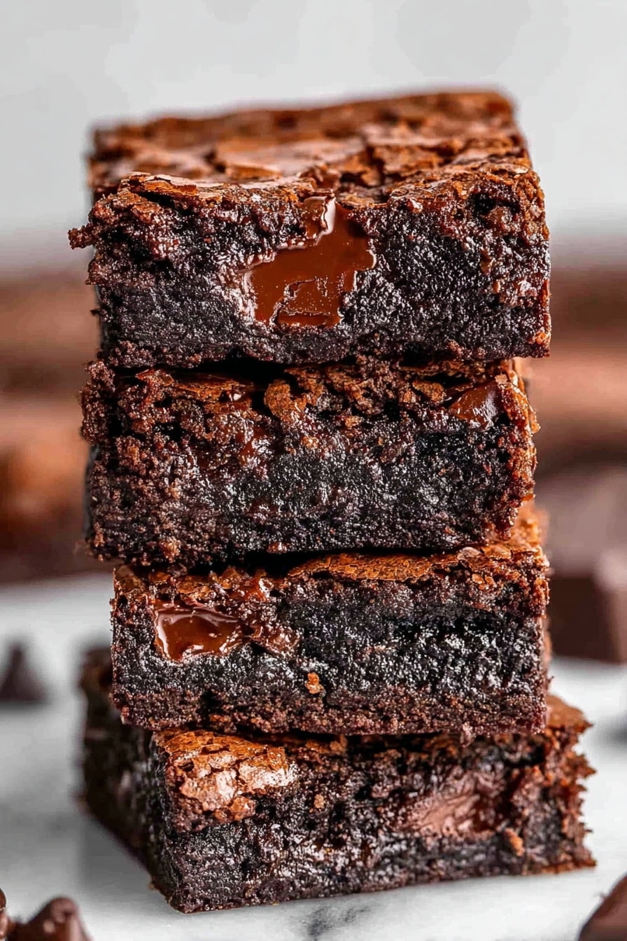 A stack of four thick, dark brown brownies with slightly cracked, shiny tops. Each brownie layer shows a dense, moist texture filled with melting chocolate chunks that glisten warmly. The sides reveal rich, fudgy interiors with gooey chocolate spots spread evenly throughout. The background has a soft focus with additional chocolate pieces blurred out, all set on a white marbled surface. photo taken with an iphone --ar 2:3 --v 7 - Healthy Zero Sugar Greek Yogurt Brownies, sugar-free healthy brownies, Greek yogurt dessert recipes, low-sugar chocolate brownies, guilt-free healthy brownies