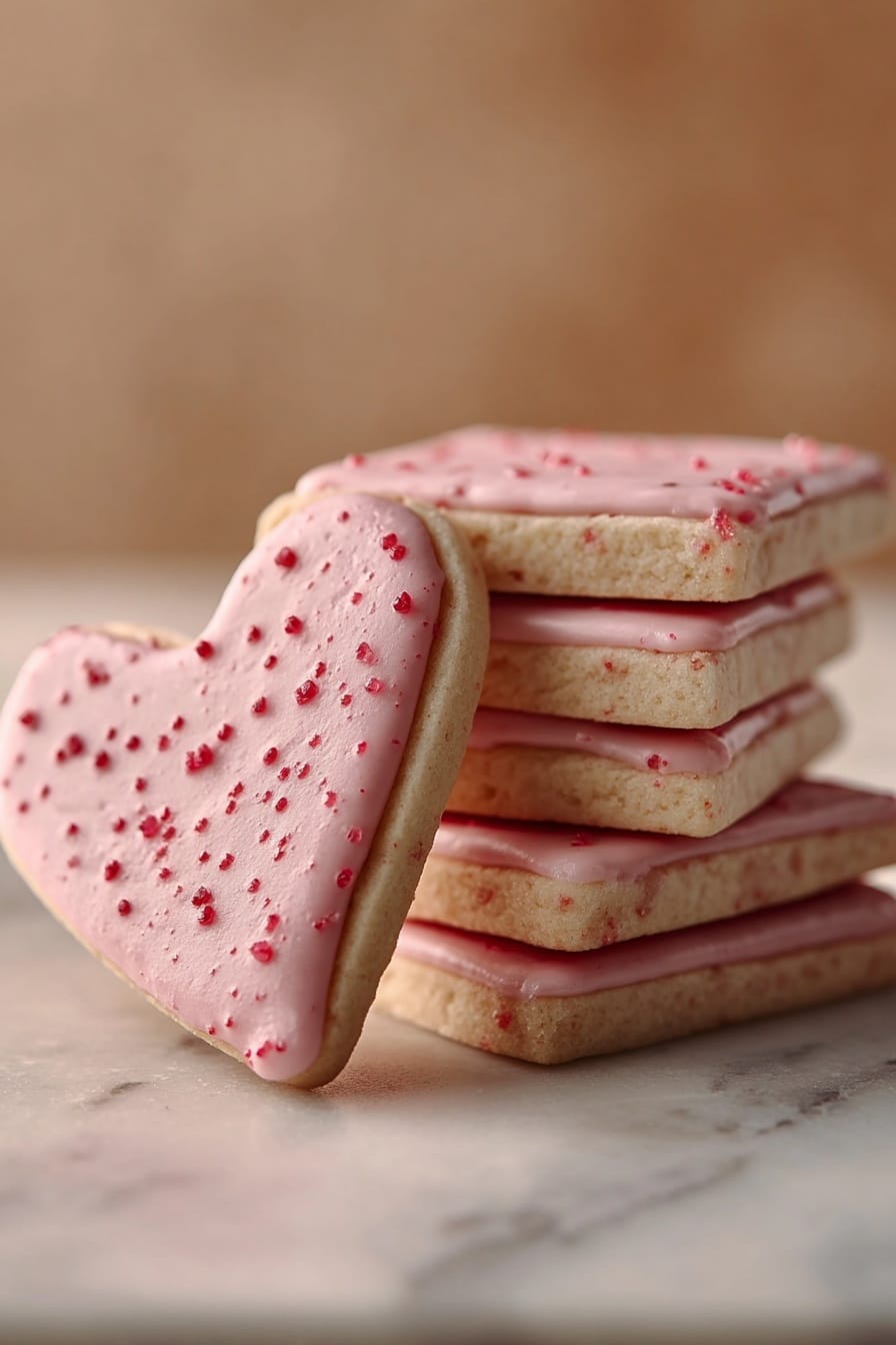 The image shows a stack of four square cookies with a pale beige color base, each topped with a smooth layer of pink icing that has small red specks spread evenly, creating a dotted pattern. Next to the stack is a heart-shaped cookie leaning against it, also with the same pale beige base and pink icing with red specks. The cookies have a soft, slightly crumbly texture visible on the edges, and the icing looks creamy and slightly glossy with small uneven spots where the red specks are embedded. The scene is set on a white marbled surface with a soft, warm background that blends from light beige to a muted warm tone. Photo taken with an iphone --ar 2:3 --v 7 - Strawberry Shortbread Cookies, strawberry cookies, shortbread cookie recipe, buttery strawberry cookies, homemade strawberry cookies