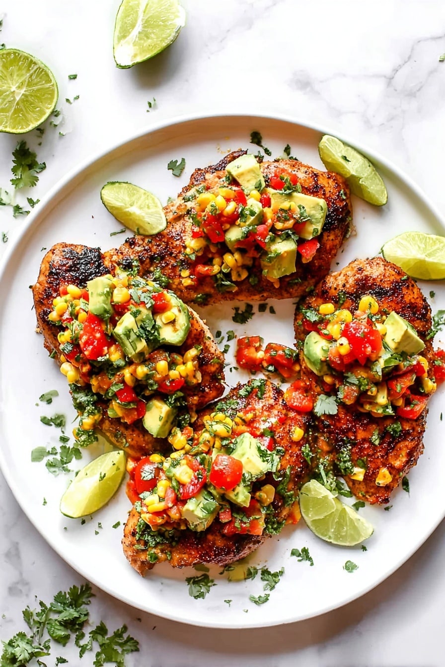 Three pieces of grilled seasoned chicken are placed on a white round plate over a white marbled surface. Each piece of chicken has a topping of a colorful salsa mix made of diced avocado, red cherry tomatoes, corn kernels, and fresh chopped green herbs. Around the chicken on the plate, there are lime wedges and scattered green herb leaves adding fresh color contrast. The overall look is bright with a mix of green, red, yellow, and golden brown tones. Photo taken with an iphone --ar 2:3 --v 7 - Fiesta Lime Chicken with Avocado Salsa, Fiesta Lime Chicken recipe, easy chicken with avocado salsa, flavorful lime chicken dinner, healthy citrus chicken recipe