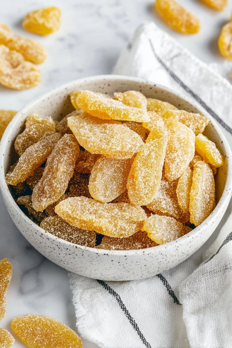 The image shows a white bowl filled with thin slices of golden-yellow candied ginger coated with sparkling sugar crystals. The ginger slices overlap each other, creating a textured, slightly translucent layer. The bowl sits on a white marbled surface, with a light striped cloth partially visible near the bowl. In the blurred background, a piece of fresh ginger root and another white bowl with a light beige powder are visible. The overall look is fresh and clean, focusing on the sugary ginger slices. photo taken with an iphone --ar 2:3 --v 7 - Candied Ginger, Crystallized Ginger, Homemade Candied Ginger, How to Make Candied Ginger, Easy Ginger Candy