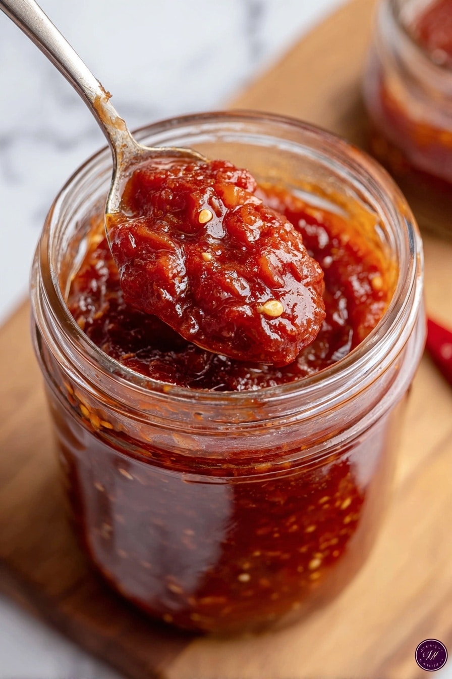 A wooden board on a white marbled surface holds four pieces of toasted bread with a slightly charred texture and light golden brown color. Each bread slice has a thick white creamy cheese layer topped with a chunky, deep red tomato spread, garnished with small green herb pieces. A white bowl filled with the same chunky red tomato spread sits at the top center of the board with a silver spoon resting in it. In the background, there are a halved tomato and a white bowl filled with creamy white soft cheese. Photo taken with an iphone --ar 2:3 --v 7 - Spicy Tomato Jam, Spicy Tomato Jam recipe, homemade tomato jam, spicy preserves, DIY tomato jam