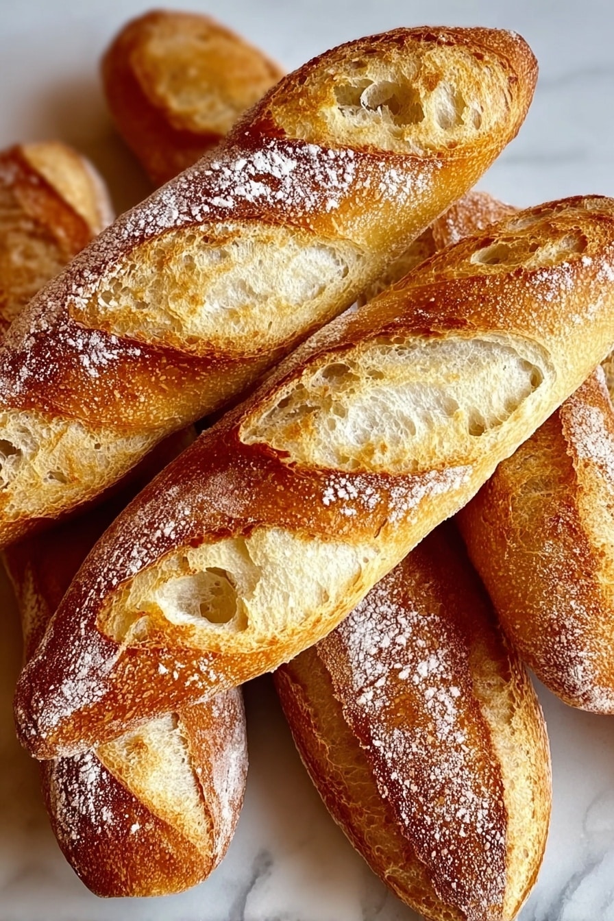 The image shows four golden brown baguettes placed closely on a sheet of parchment paper over a white marbled surface. Each baguette has a shiny, crisp crust with light, creamy white soft spots where the bread has risen and cracked softly. The bagels have three to four curved slashes on each one, showing airy inside layers that peek through the crunchy top. The texture looks light and fluffy inside with a well baked, slightly rough crust on the outside. photo taken with an iphone --ar 2:3 --v 7 - Homemade Mini Baguette, mini baguette bread, how to make mini baguettes, artisan mini baguettes at home, easy bread recipes