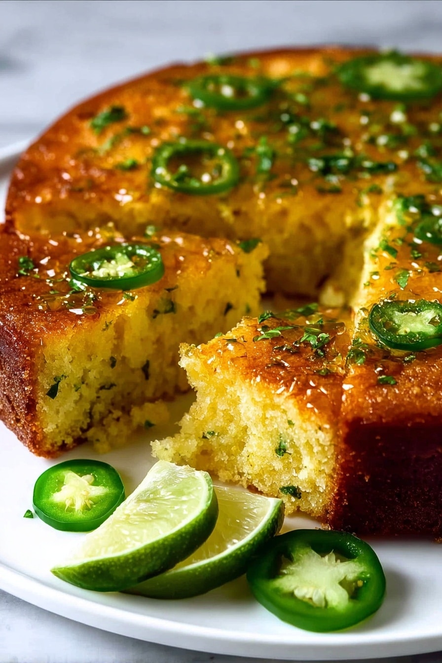A golden brown cornbread cake with a slightly shiny top layer, decorated with thin green jalapeño slices and small green herb pieces scattered on the top. The cake is cut to show a soft, crumbly inside with specks of green herbs mixed throughout. It sits on a white plate with two fresh lime slices placed near the front. The background is a white marbled texture. Photo taken with an iphone --ar 2:3 --v 7 - Spicy Jalapeño Cornbread Lime Drizzle, jalapeño cornbread with lime, spicy cornbread recipes, cornbread with lime glaze, spicy corn bread with lime
