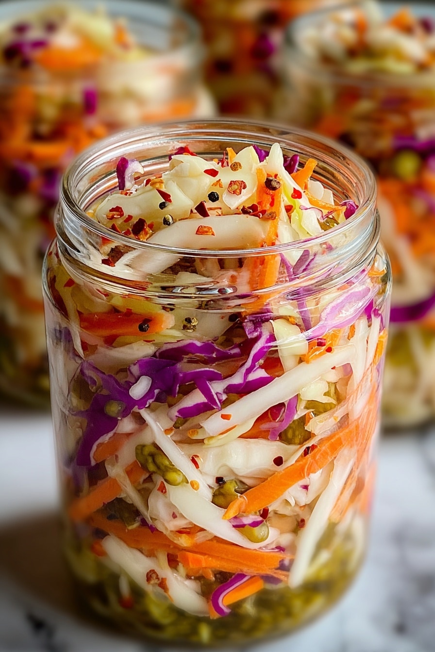 A close-up image of a glass jar filled with a colorful mix of shredded vegetables including white cabbage, orange carrots, purple cabbage, and green pickles. The vegetables are finely cut into thin strips and small chunks, layered evenly inside the jar, showing a fresh, bright, and slightly moist texture with visible black pepper and red chili flakes sprinkled throughout. In the blurred background, there are more jars containing a similar vegetable mix. The jar sits on a white marbled surface. The photo taken with an iphone --ar 2:3 --v 7 - Spicy Pickle Cabbage Slaw, crunchy cabbage slaw with pickles, spicy cabbage salad, tangy pickle slaw, easy spicy cabbage side dish